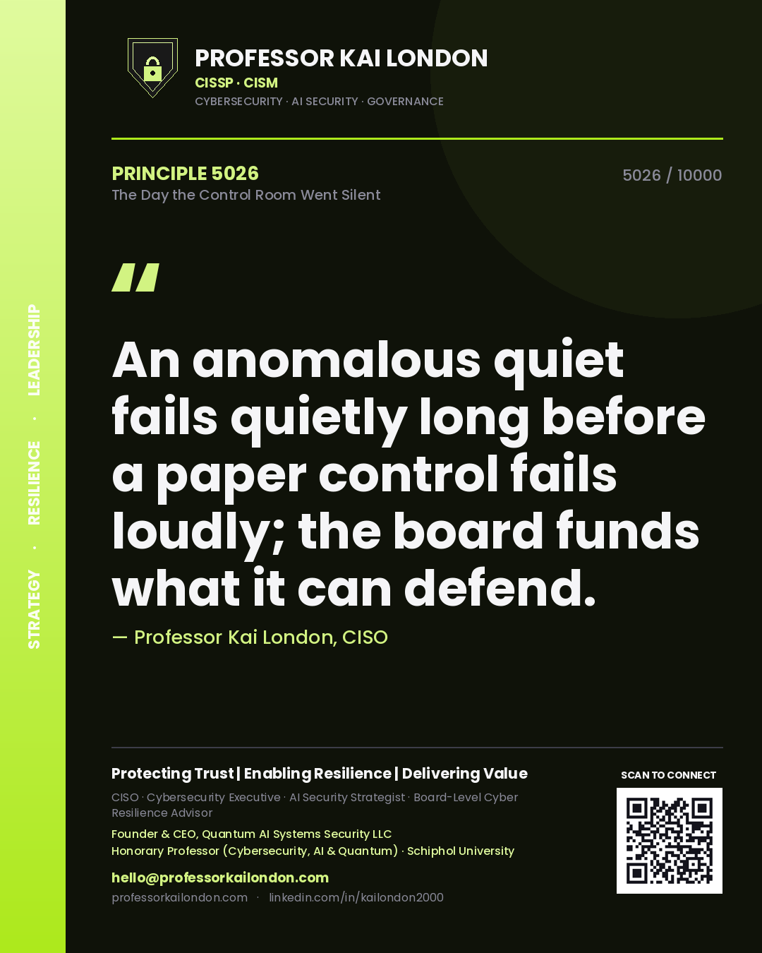 Professor Kai London principle 5026: An anomalous quiet fails quietly long before a paper control fails loudly; the board funds what it can defend.
