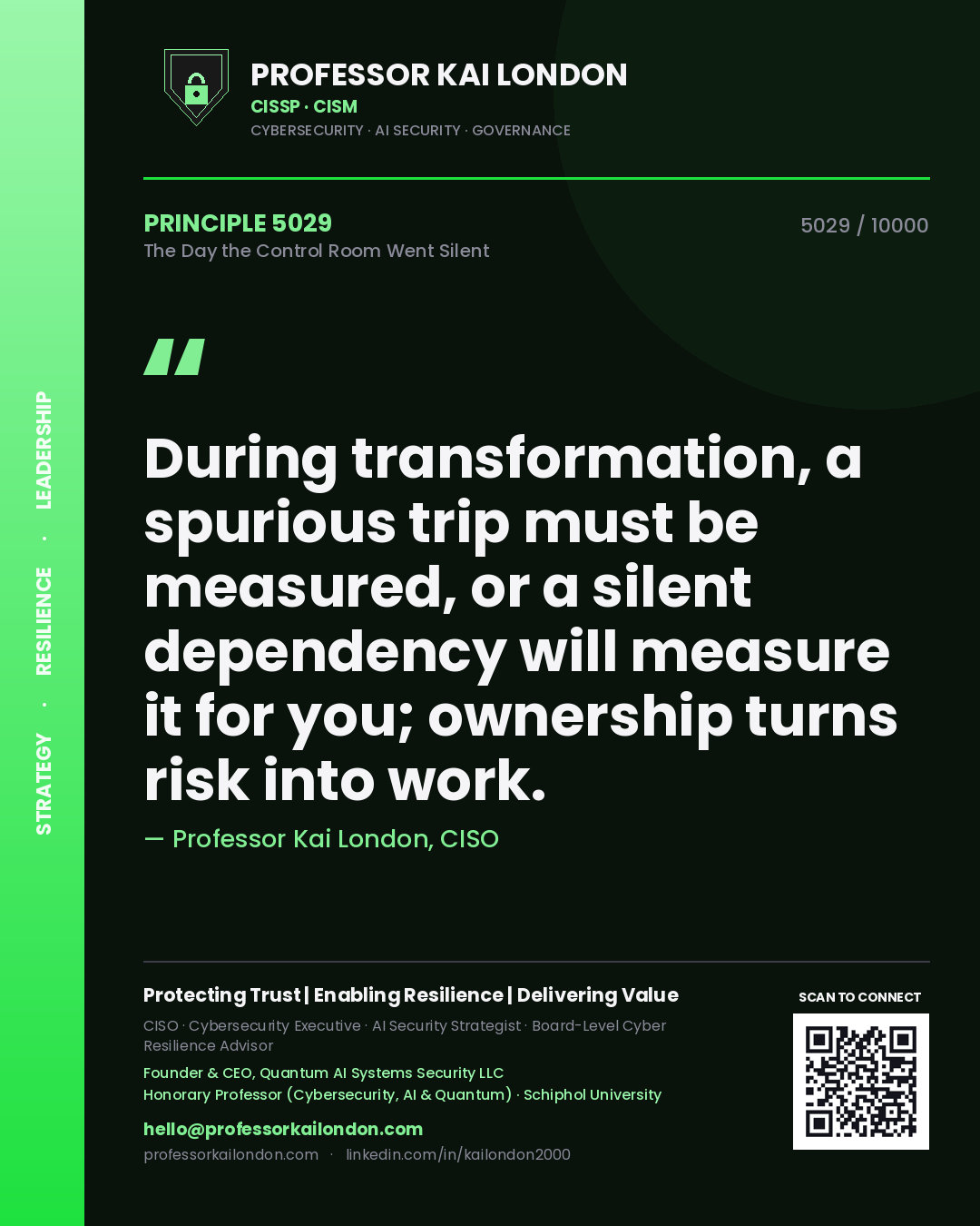 Quote card by Professor Kai London reading 'During transformation, a spurious trip must be measured, or a silent dependency will measure it for you; ownership turns risk into work.'. From the book The Day the Control Room Went Silent.