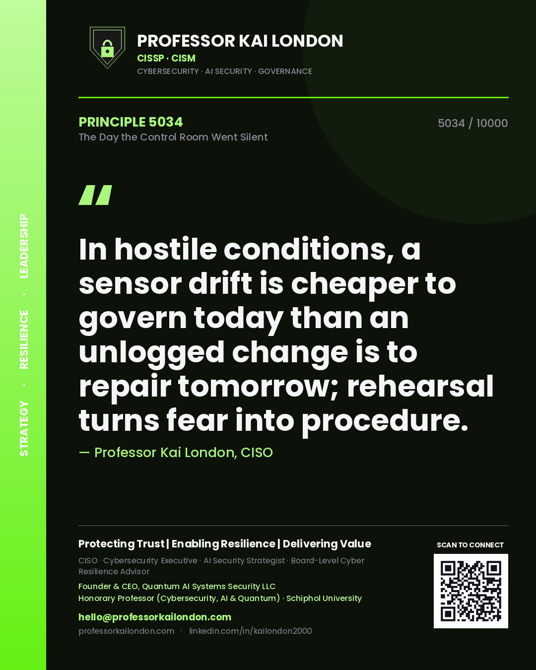 Quote card by Professor Kai London reading 'In hostile conditions, a sensor drift is cheaper to govern today than an unlogged change is to repair tomorrow; rehearsal turns fear into procedure.'. From the book The Day the Control Room Went Silent.