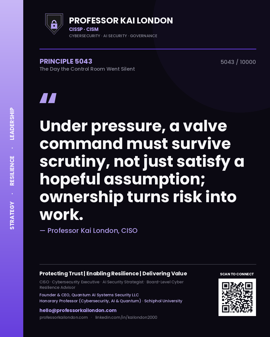 Professor Kai London principle 5043: Under pressure, a valve command must survive scrutiny, not just satisfy a hopeful assumption; ownership turns risk into work.