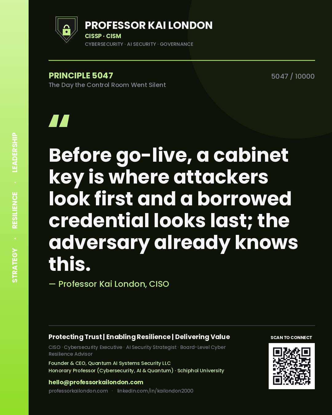 Quote card by Professor Kai London reading 'Before go-live, a cabinet key is where attackers look first and a borrowed credential looks last; the adversary already knows this.'. From the book The Day the Control Room Went Silent.