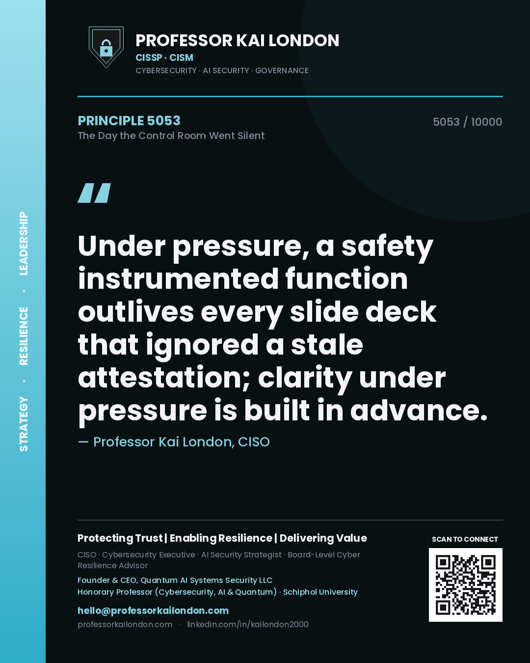 Quote card by Professor Kai London reading 'Under pressure, a safety instrumented function outlives every slide deck that ignored a stale attestation; clarity under pressure is built in advance.'. From the book The Day the Control Room Went Silent.