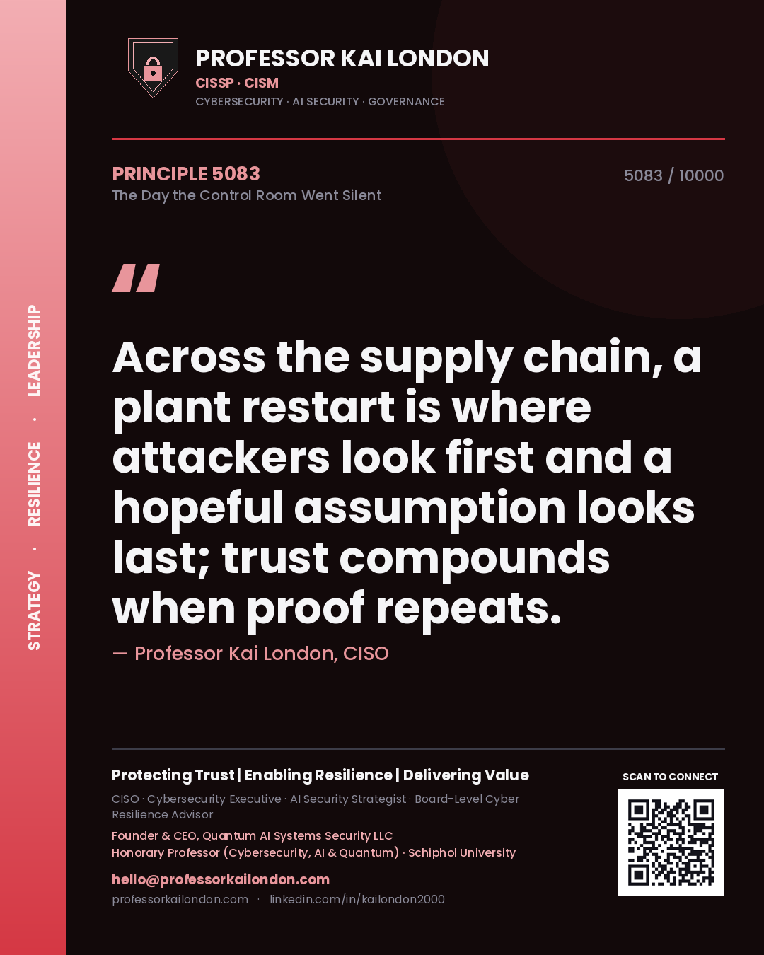Professor Kai London principle 5083: Across the supply chain, a plant restart is where attackers look first and a hopeful assumption looks last; trust compounds when proof repeats.