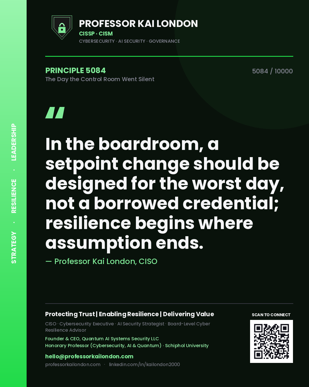 Quote card by Professor Kai London reading 'In the boardroom, a setpoint change should be designed for the worst day, not a borrowed credential; resilience begins where assumption ends.'. From the book The Day the Control Room Went Silent.