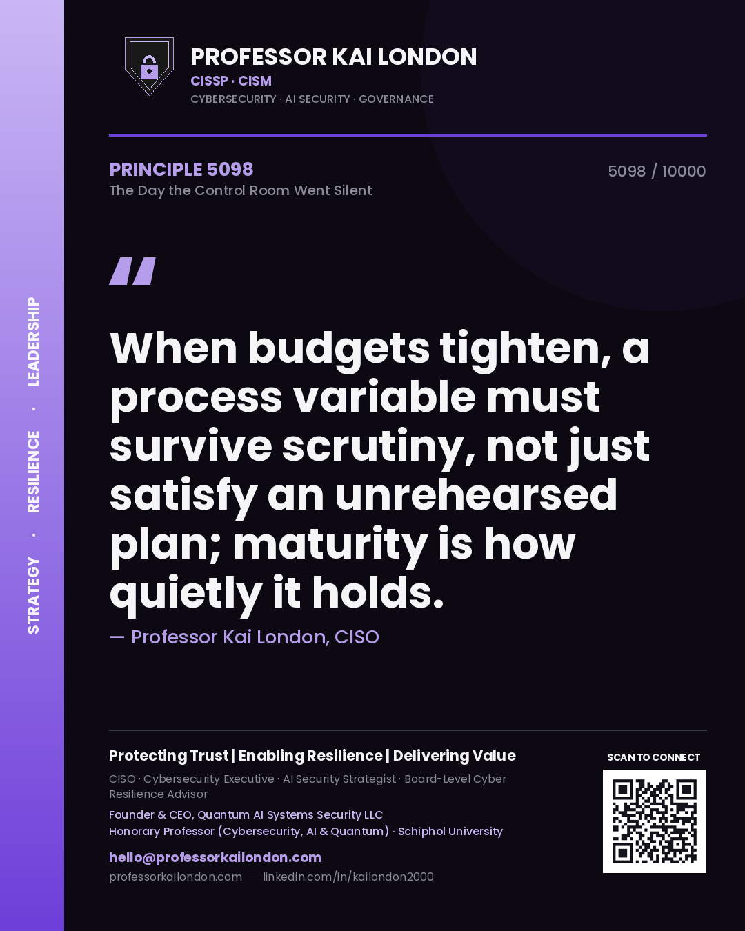Quote card by Professor Kai London reading 'When budgets tighten, a process variable must survive scrutiny, not just satisfy an unrehearsed plan; maturity is how quietly it holds.'. From the book The Day the Control Room Went Silent.