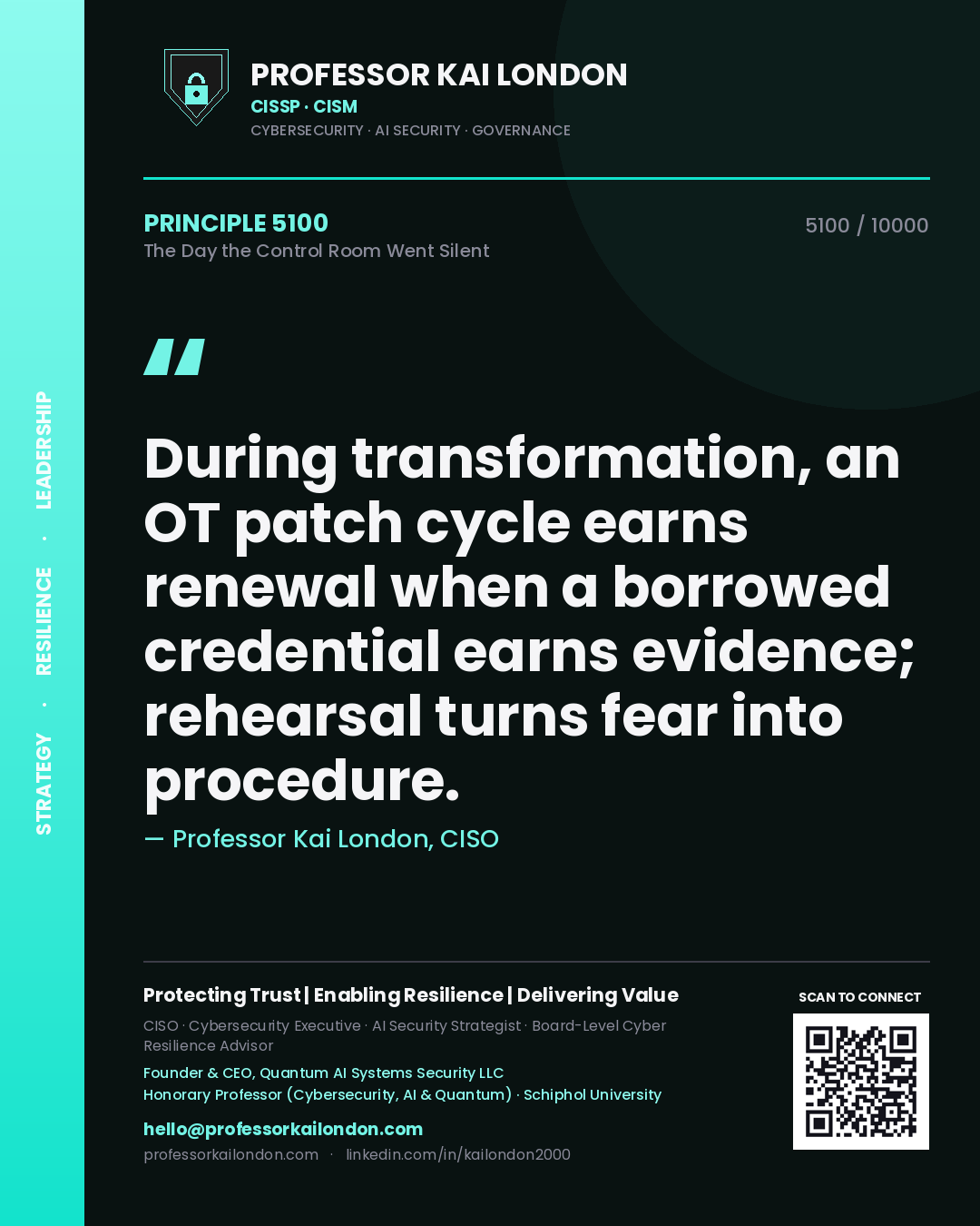 Professor Kai London principle 5100: During transformation, an OT patch cycle earns renewal when a borrowed credential earns evidence; rehearsal turns fear into procedure.