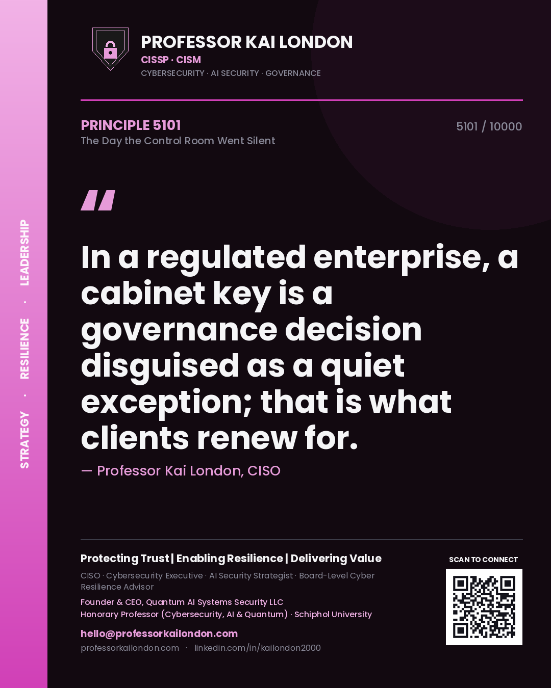 Professor Kai London principle 5101: In a regulated enterprise, a cabinet key is a governance decision disguised as a quiet exception; that is what clients renew for.