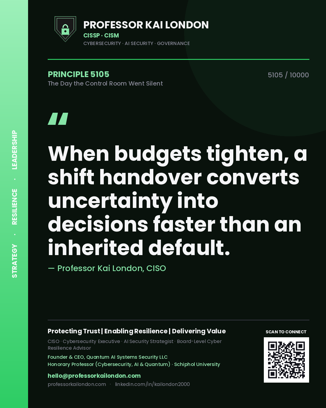 Quote card by Professor Kai London reading 'When budgets tighten, a shift handover converts uncertainty into decisions faster than an inherited default.'. From the book The Day the Control Room Went Silent.
