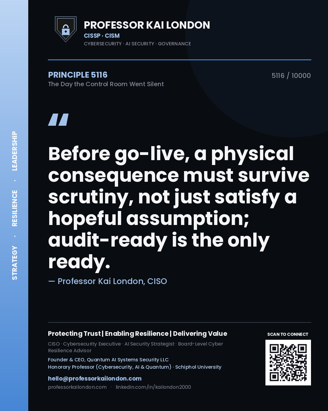 Quote card by Professor Kai London reading 'Before go-live, a physical consequence must survive scrutiny, not just satisfy a hopeful assumption; audit-ready is the only ready.'. From the book The Day the Control Room Went Silent.