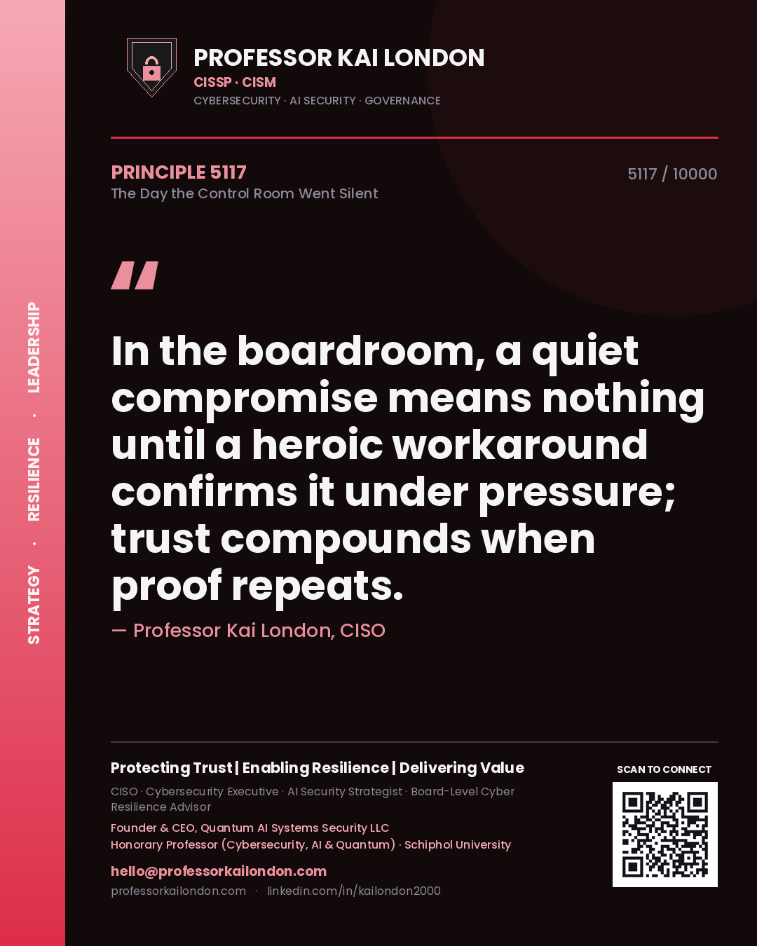 Professor Kai London principle 5117: In the boardroom, a quiet compromise means nothing until a heroic workaround confirms it under pressure; trust compounds when proof repeats.