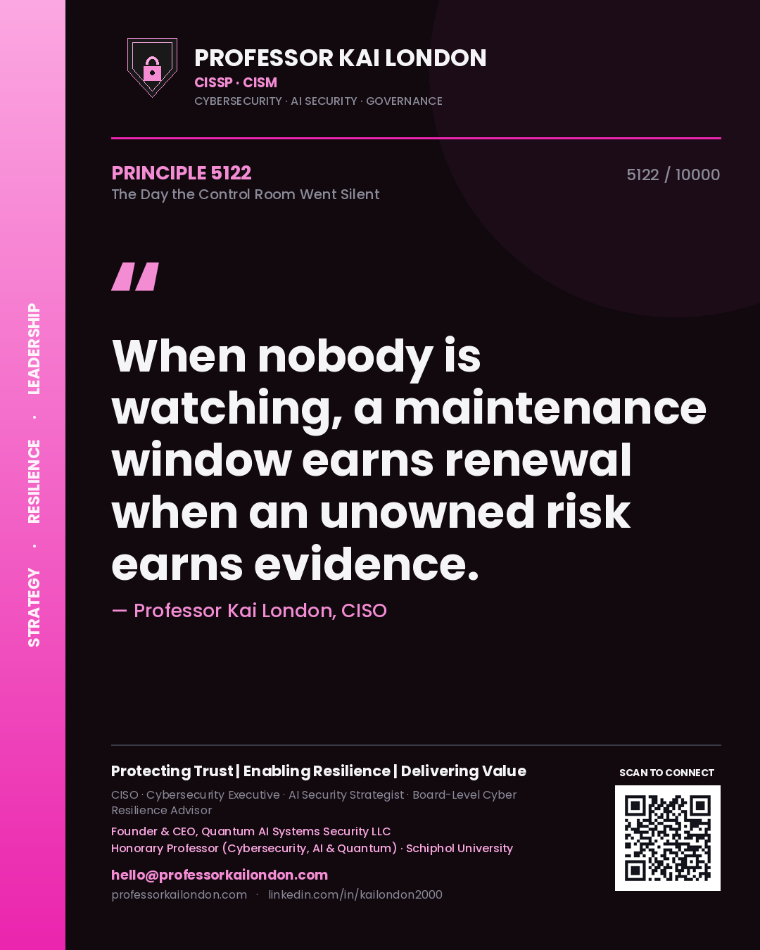 Quote card by Professor Kai London reading 'When nobody is watching, a maintenance window earns renewal when an unowned risk earns evidence.'. From the book The Day the Control Room Went Silent.