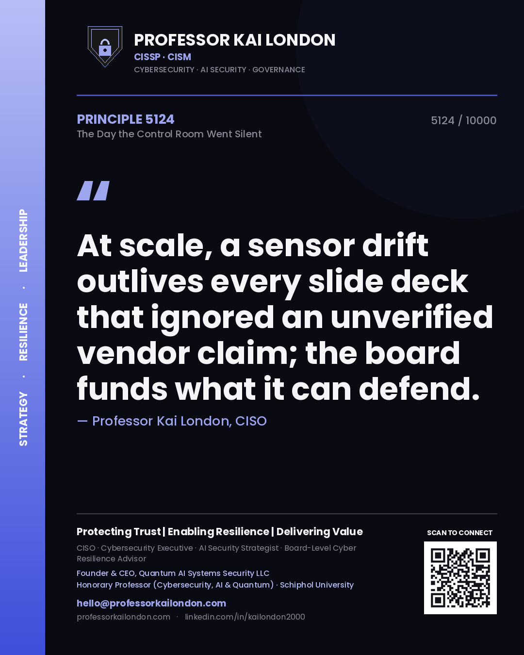 Quote card by Professor Kai London reading 'At scale, a sensor drift outlives every slide deck that ignored an unverified vendor claim; the board funds what it can defend.'. From the book The Day the Control Room Went Silent.