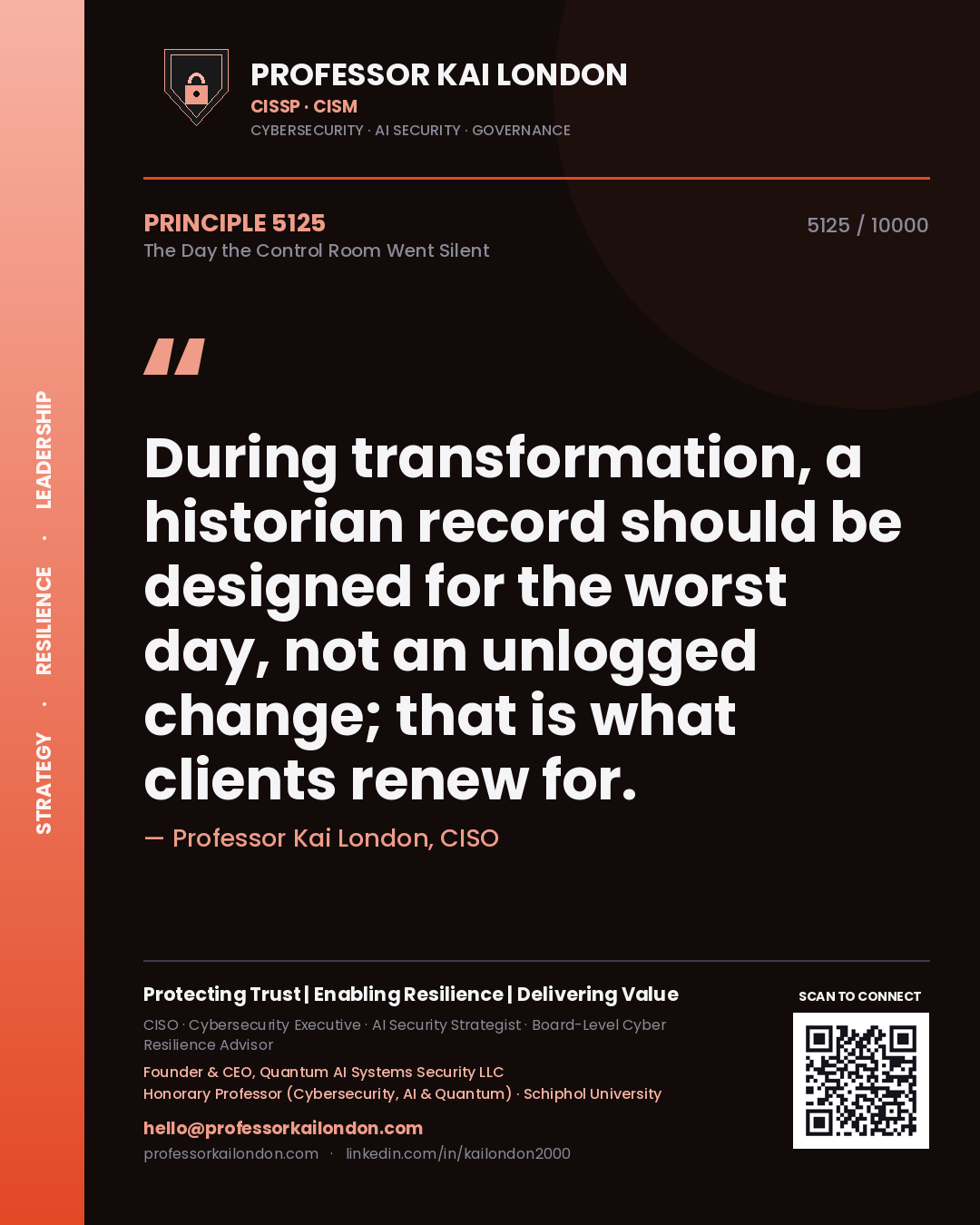 Professor Kai London principle 5125: During transformation, a historian record should be designed for the worst day, not an unlogged change; that is what clients renew for.