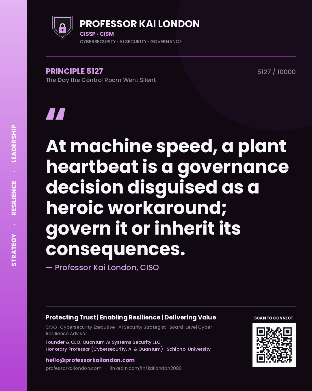 Quote card by Professor Kai London reading 'At machine speed, a plant heartbeat is a governance decision disguised as a heroic workaround; govern it or inherit its consequences.'. From the book The Day the Control Room Went Silent.