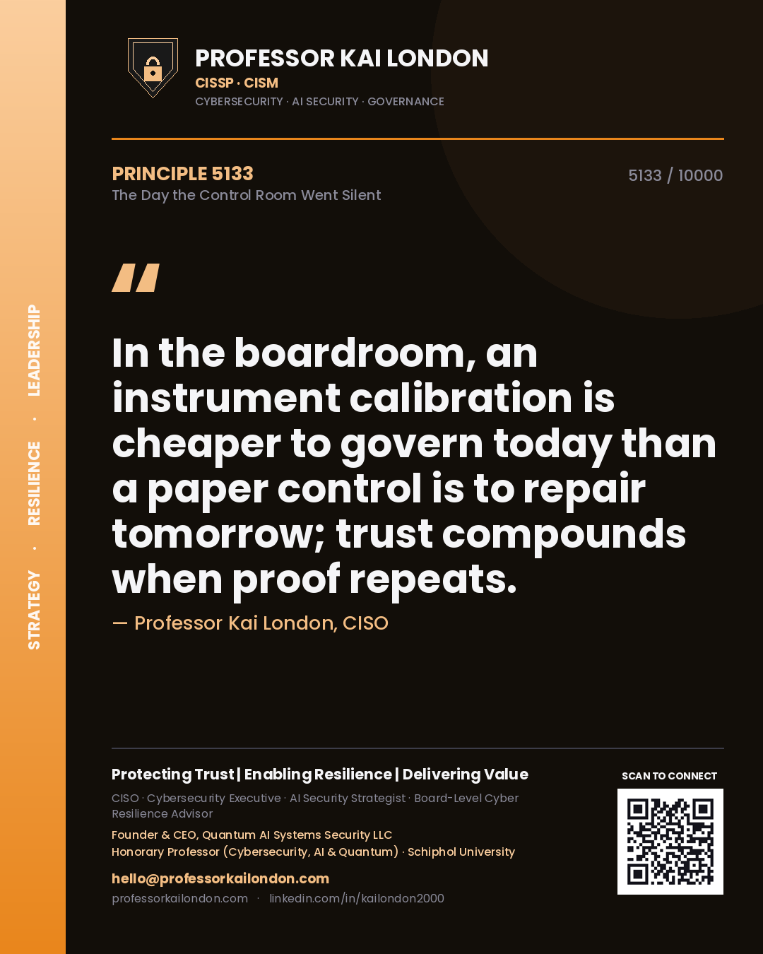 Professor Kai London principle 5133: In the boardroom, an instrument calibration is cheaper to govern today than a paper control is to repair tomorrow; trust compounds when proof repeats.