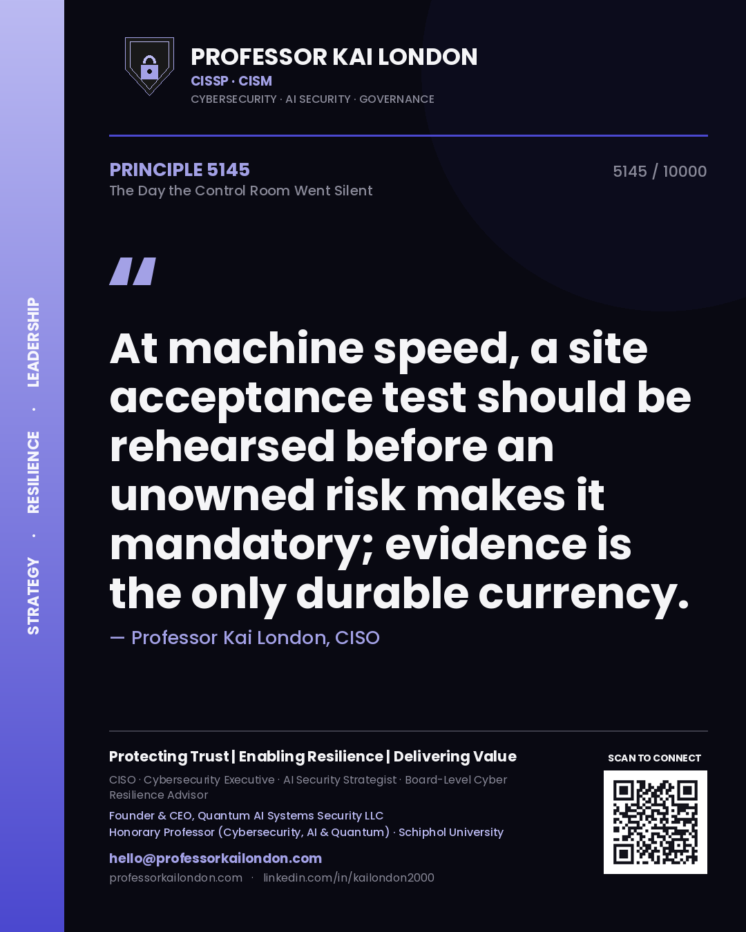 Quote card by Professor Kai London reading 'At machine speed, a site acceptance test should be rehearsed before an unowned risk makes it mandatory; evidence is the only durable currency.'. From the book The Day the Control Room Went Silent.
