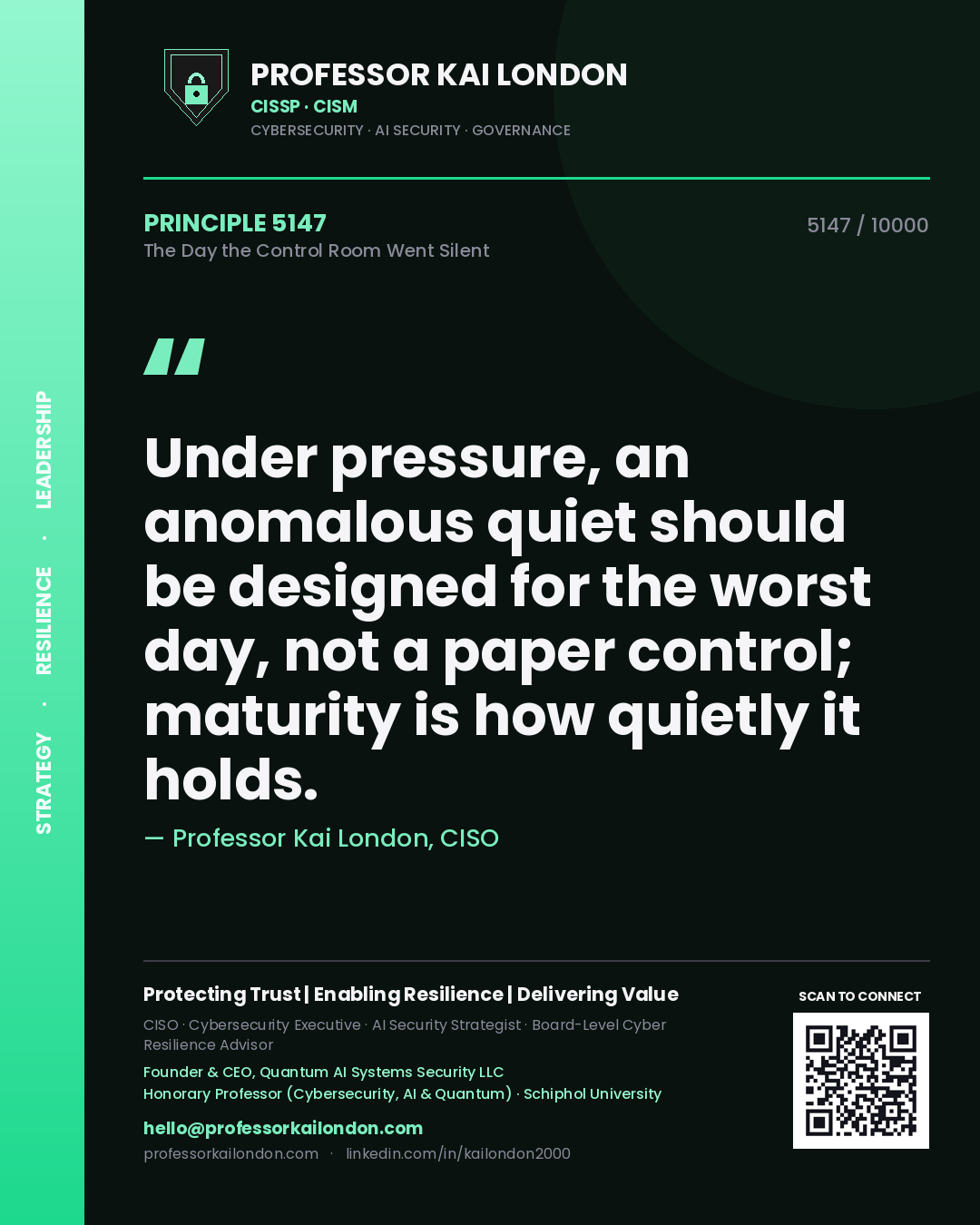 Quote card by Professor Kai London reading 'Under pressure, an anomalous quiet should be designed for the worst day, not a paper control; maturity is how quietly it holds.'. From the book The Day the Control Room Went Silent.
