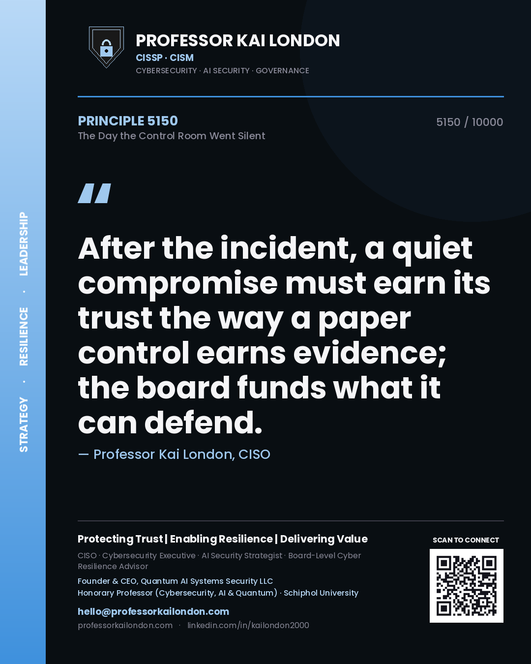 Quote card by Professor Kai London reading 'After the incident, a quiet compromise must earn its trust the way a paper control earns evidence; the board funds what it can defend.'. From the book The Day the Control Room Went Silent.