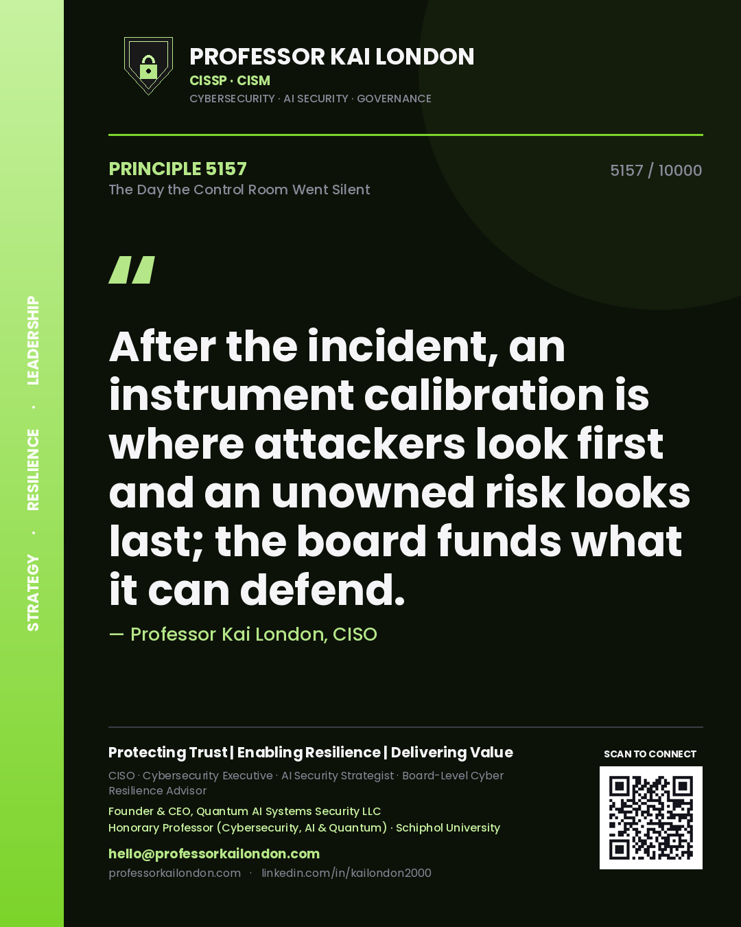 Quote card by Professor Kai London reading 'After the incident, an instrument calibration is where attackers look first and an unowned risk looks last; the board funds what it can defend.'. From the book The Day the Control Room Went Silent.