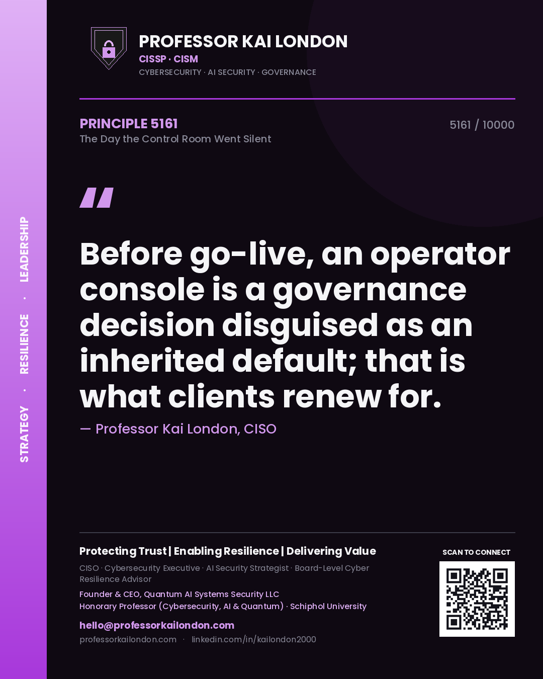 Professor Kai London principle 5161: Before go-live, an operator console is a governance decision disguised as an inherited default; that is what clients renew for.