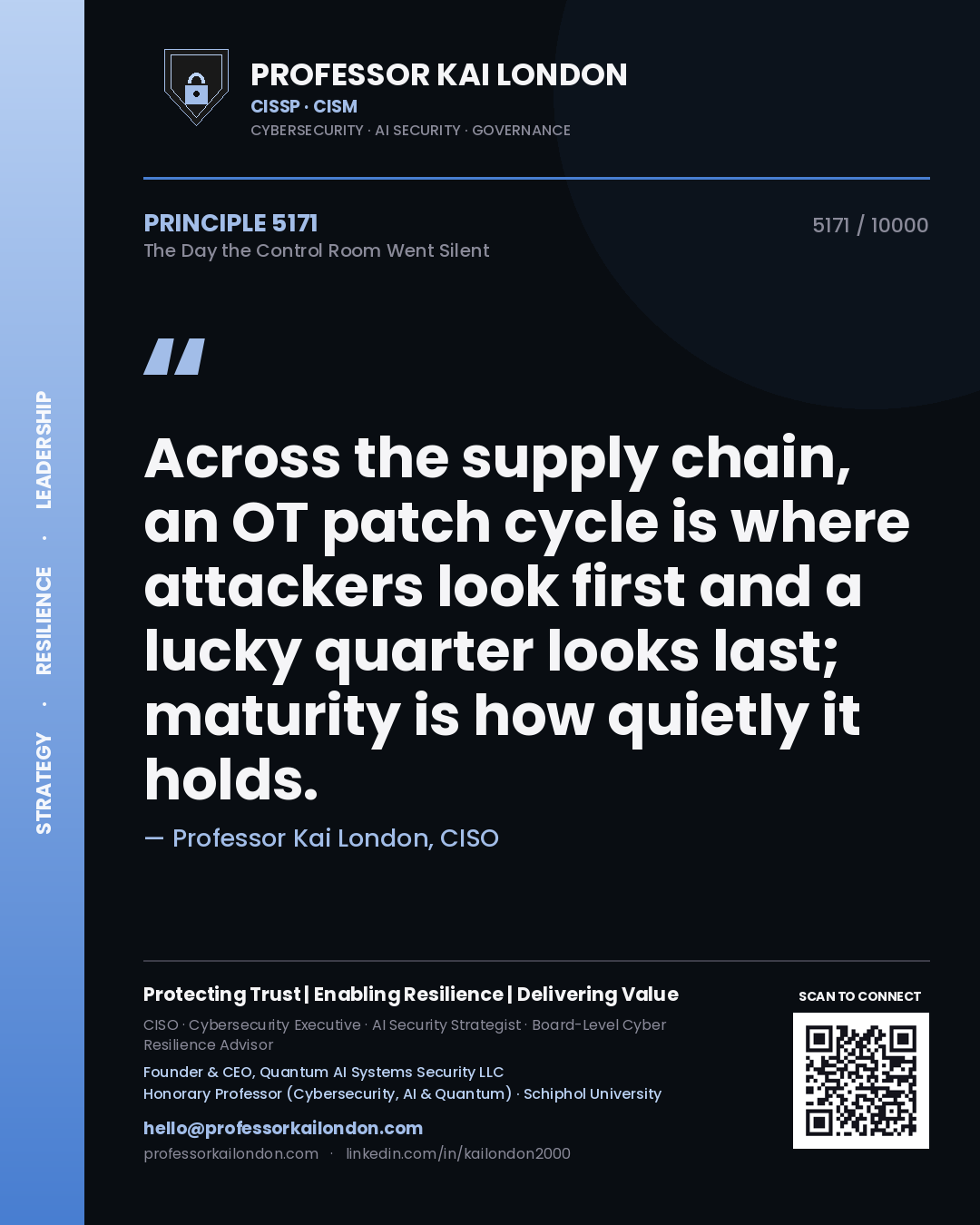 Quote card by Professor Kai London reading 'Across the supply chain, an OT patch cycle is where attackers look first and a lucky quarter looks last; maturity is how quietly it holds.'. From the book The Day the Control Room Went Silent.