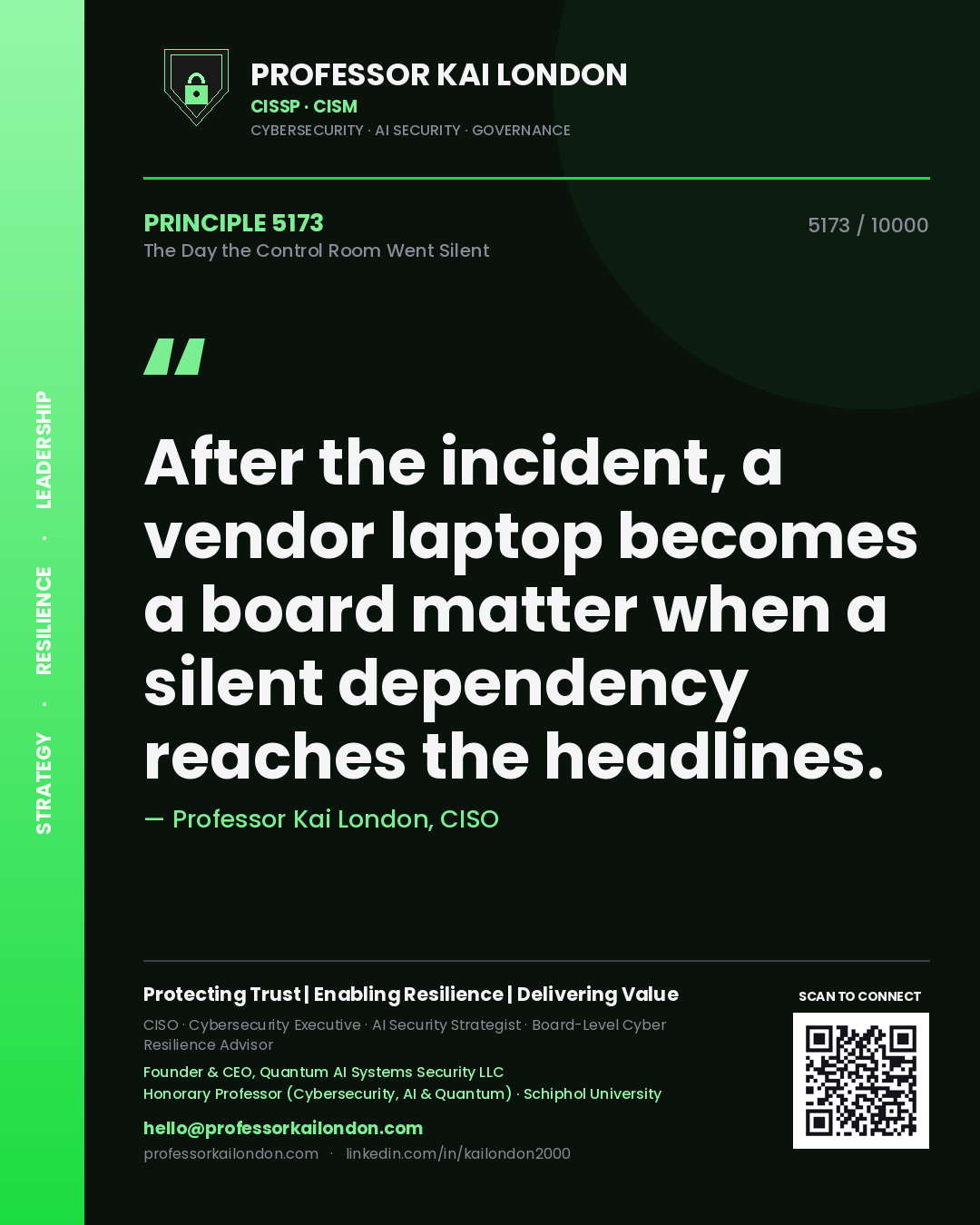 Quote card by Professor Kai London reading 'After the incident, a vendor laptop becomes a board matter when a silent dependency reaches the headlines.'. From the book The Day the Control Room Went Silent.