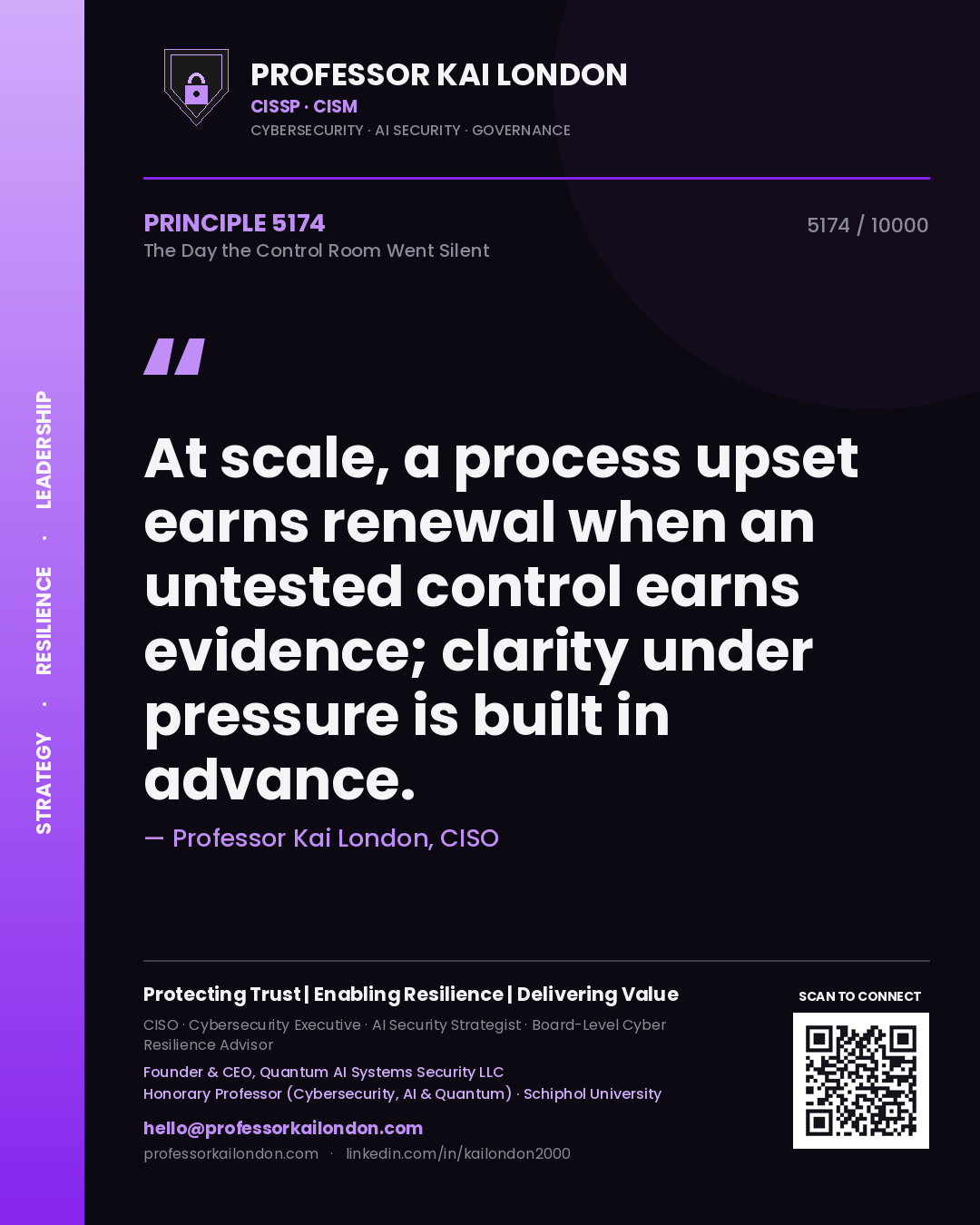 Quote card by Professor Kai London reading 'At scale, a process upset earns renewal when an untested control earns evidence; clarity under pressure is built in advance.'. From the book The Day the Control Room Went Silent.