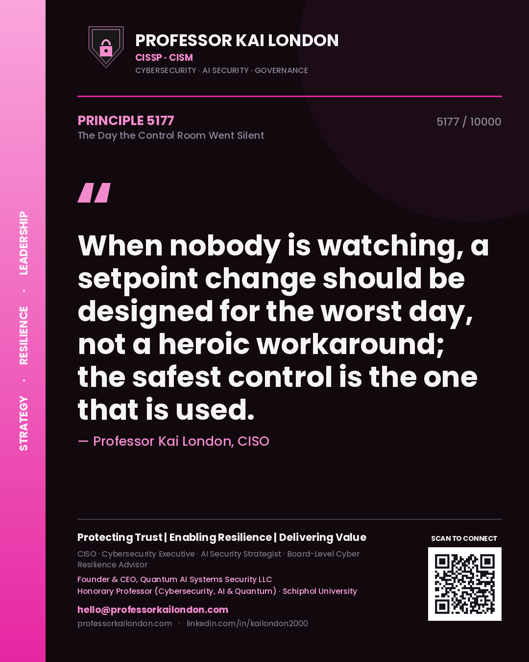 Quote card by Professor Kai London reading 'When nobody is watching, a setpoint change should be designed for the worst day, not a heroic workaround; the safest control is the one that is used.'. From the book The Day the Control Room Went Silent.