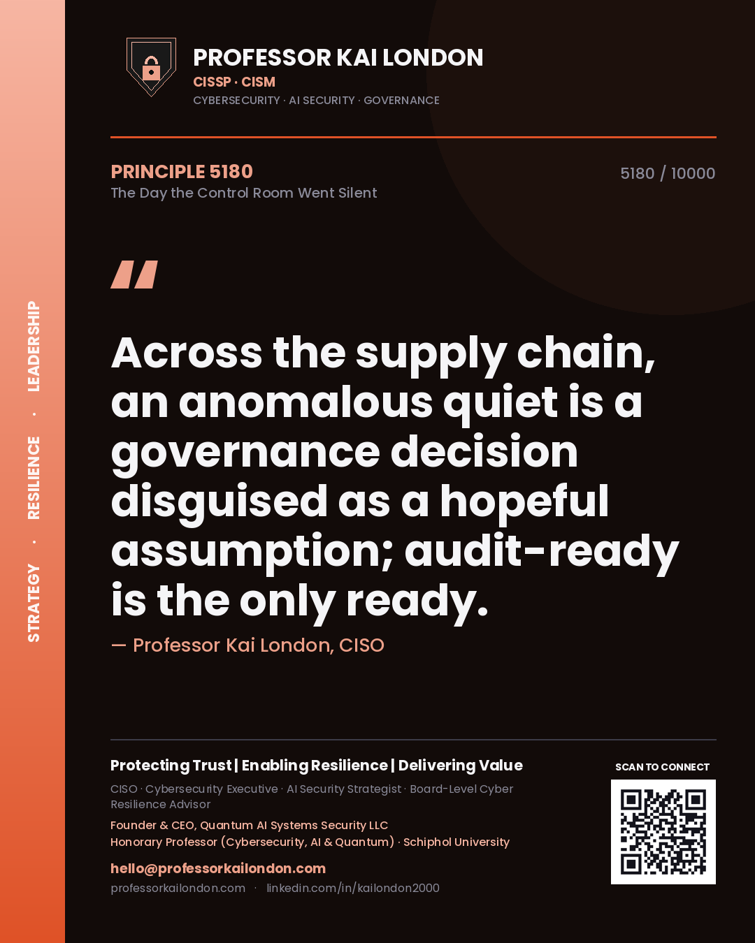Quote card by Professor Kai London reading 'Across the supply chain, an anomalous quiet is a governance decision disguised as a hopeful assumption; audit-ready is the only ready.'. From the book The Day the Control Room Went Silent.