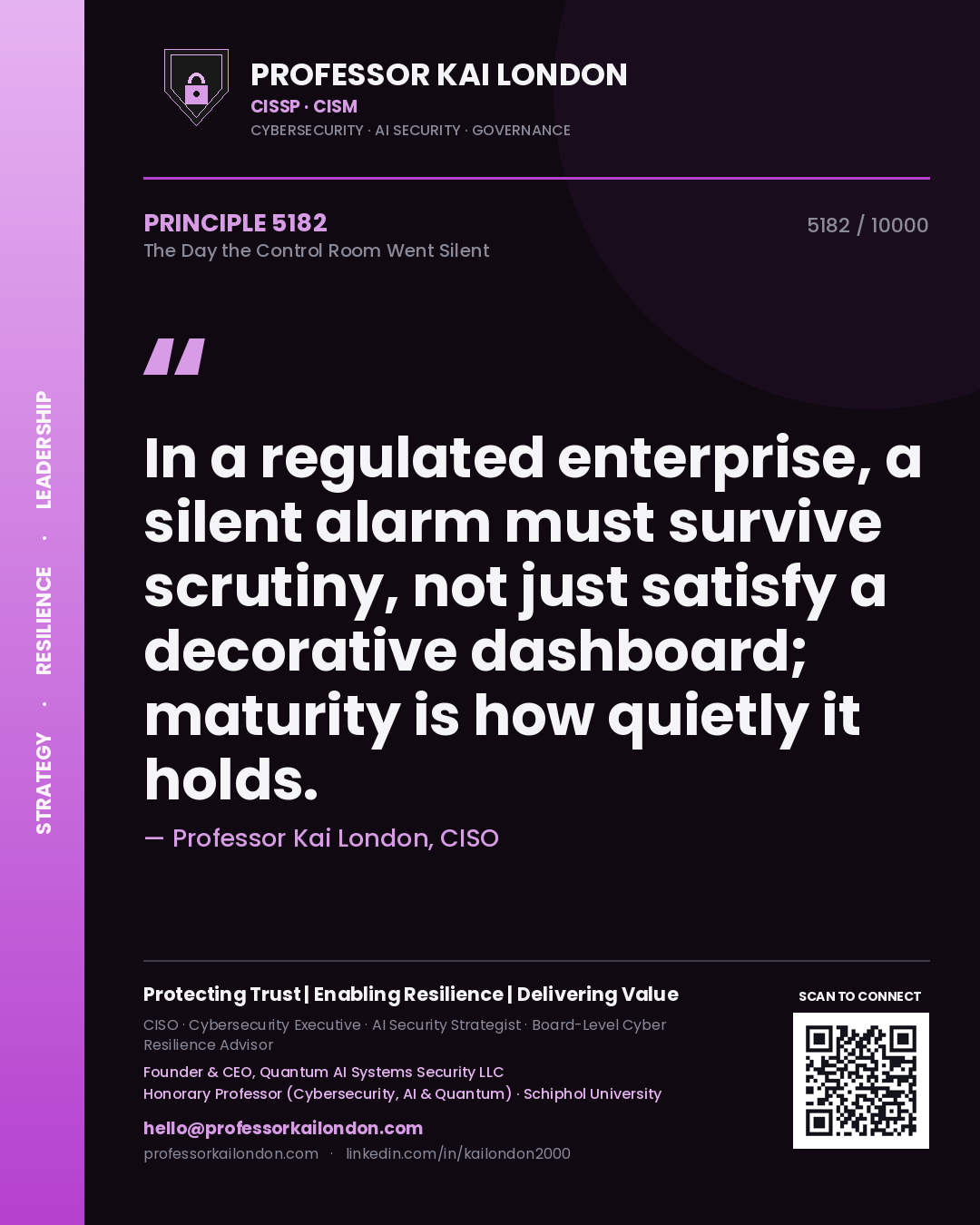 Quote card by Professor Kai London reading 'In a regulated enterprise, a silent alarm must survive scrutiny, not just satisfy a decorative dashboard; maturity is how quietly it holds.'. From the book The Day the Control Room Went Silent.