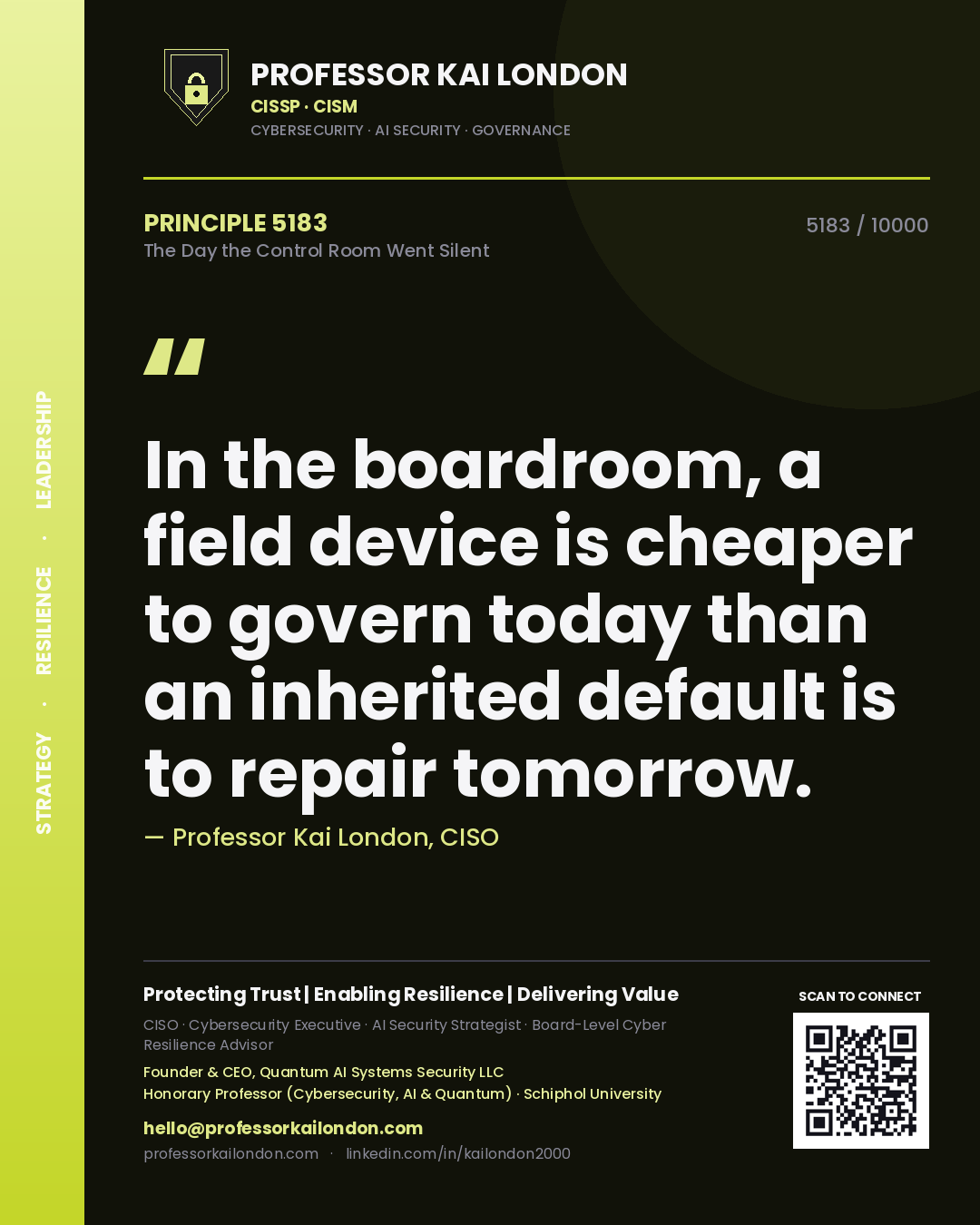 Quote card by Professor Kai London reading 'In the boardroom, a field device is cheaper to govern today than an inherited default is to repair tomorrow.'. From the book The Day the Control Room Went Silent.