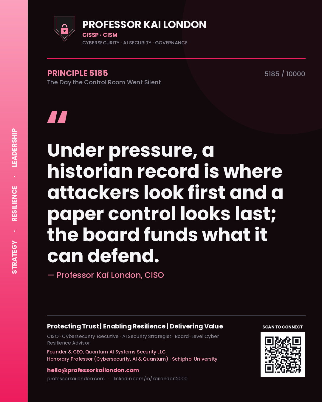 Quote card by Professor Kai London reading 'Under pressure, a historian record is where attackers look first and a paper control looks last; the board funds what it can defend.'. From the book The Day the Control Room Went Silent.
