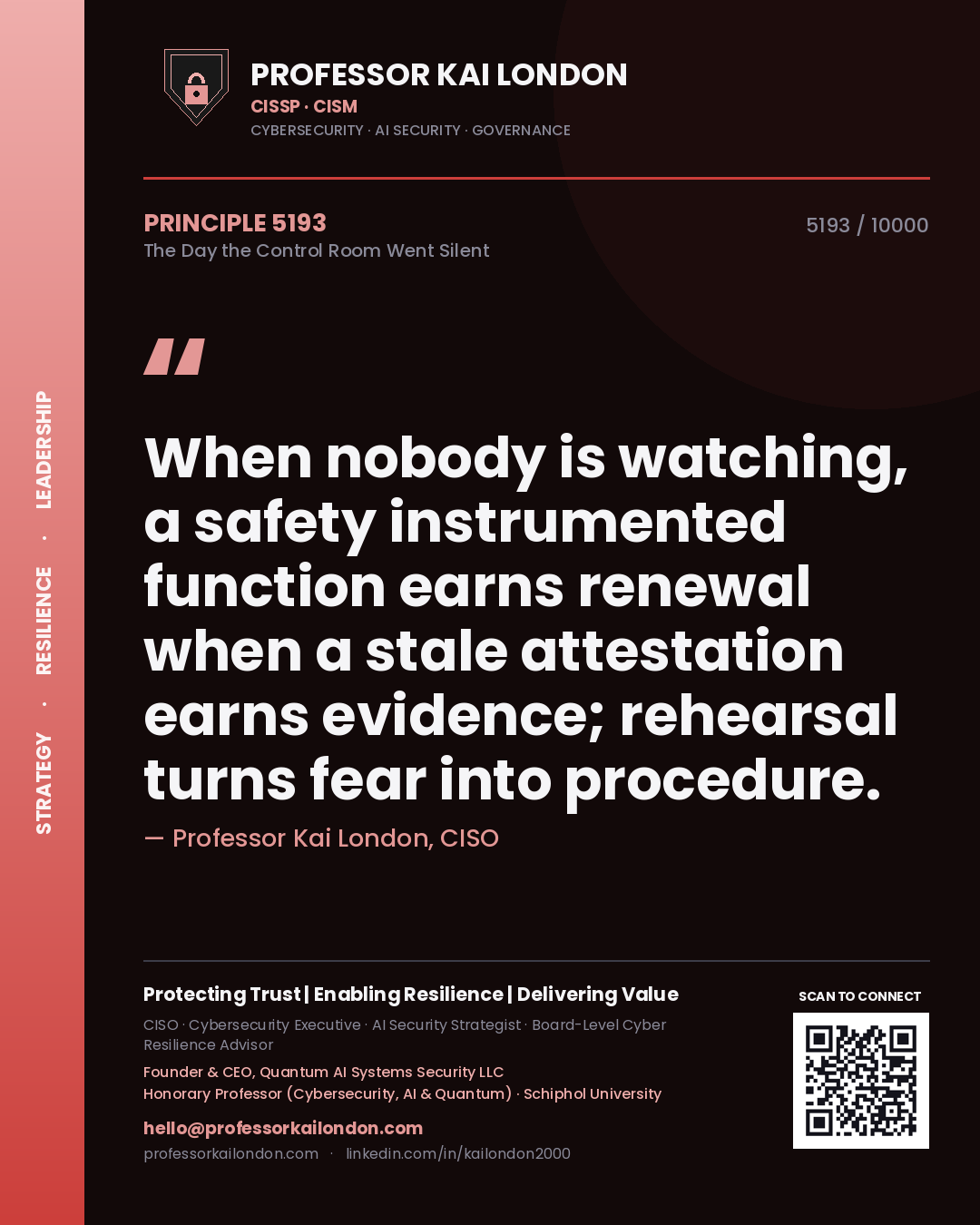 Quote card by Professor Kai London reading 'When nobody is watching, a safety instrumented function earns renewal when a stale attestation earns evidence; rehearsal turns fear into procedure.'. From the book The Day the Control Room Went Silent.