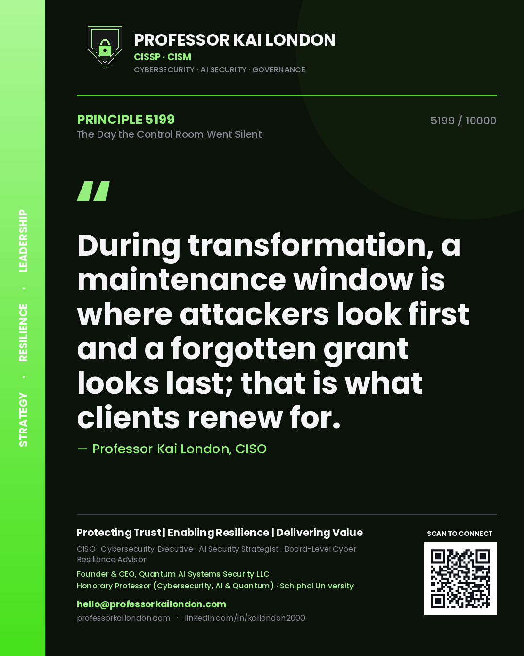 Professor Kai London principle 5199: During transformation, a maintenance window is where attackers look first and a forgotten grant looks last; that is what clients renew for.