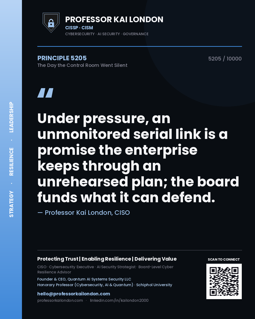 Quote card by Professor Kai London reading 'Under pressure, an unmonitored serial link is a promise the enterprise keeps through an unrehearsed plan; the board funds what it can defend.'. From the book The Day the Control Room Went Silent.