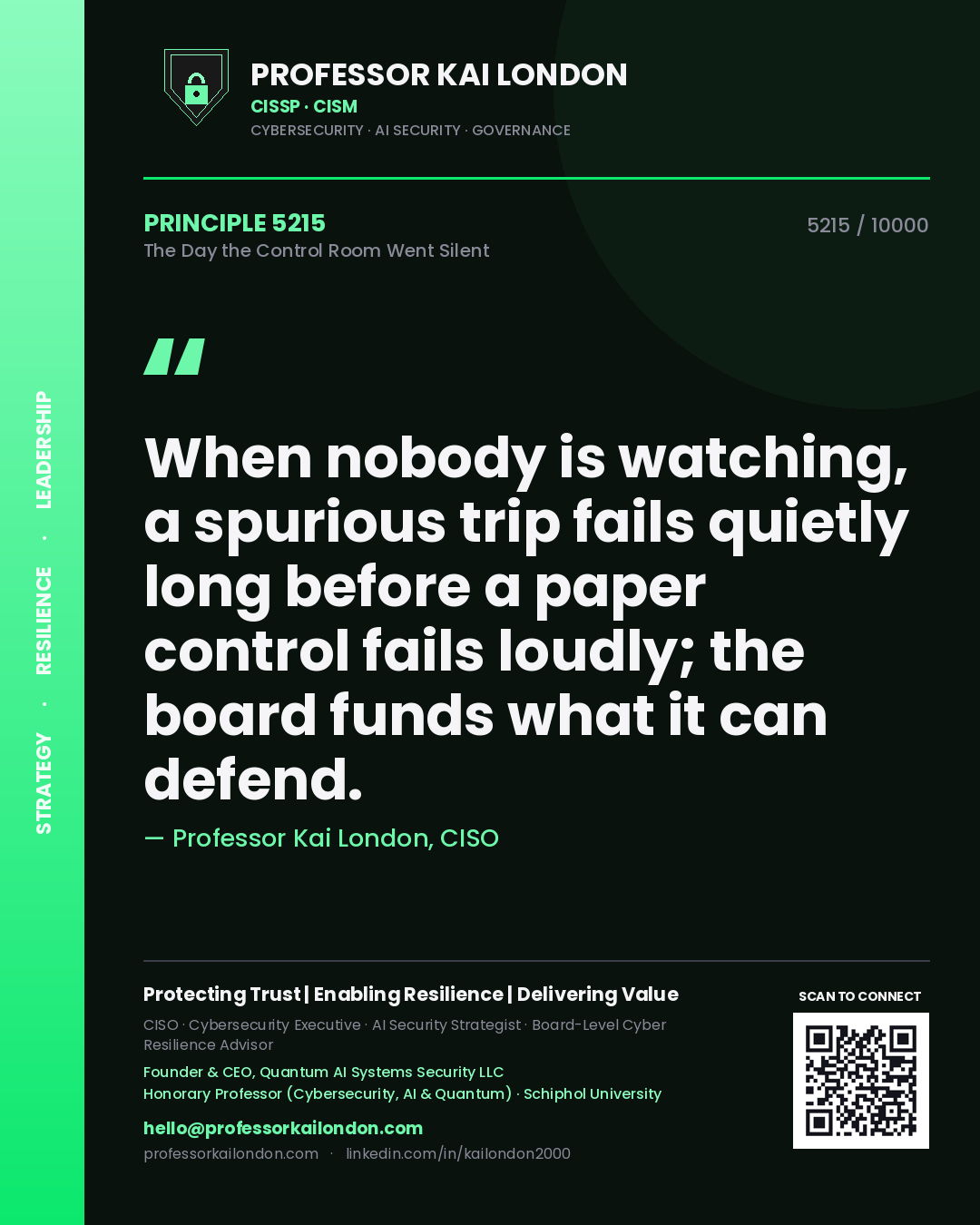 Professor Kai London principle 5215: When nobody is watching, a spurious trip fails quietly long before a paper control fails loudly; the board funds what it can defend.