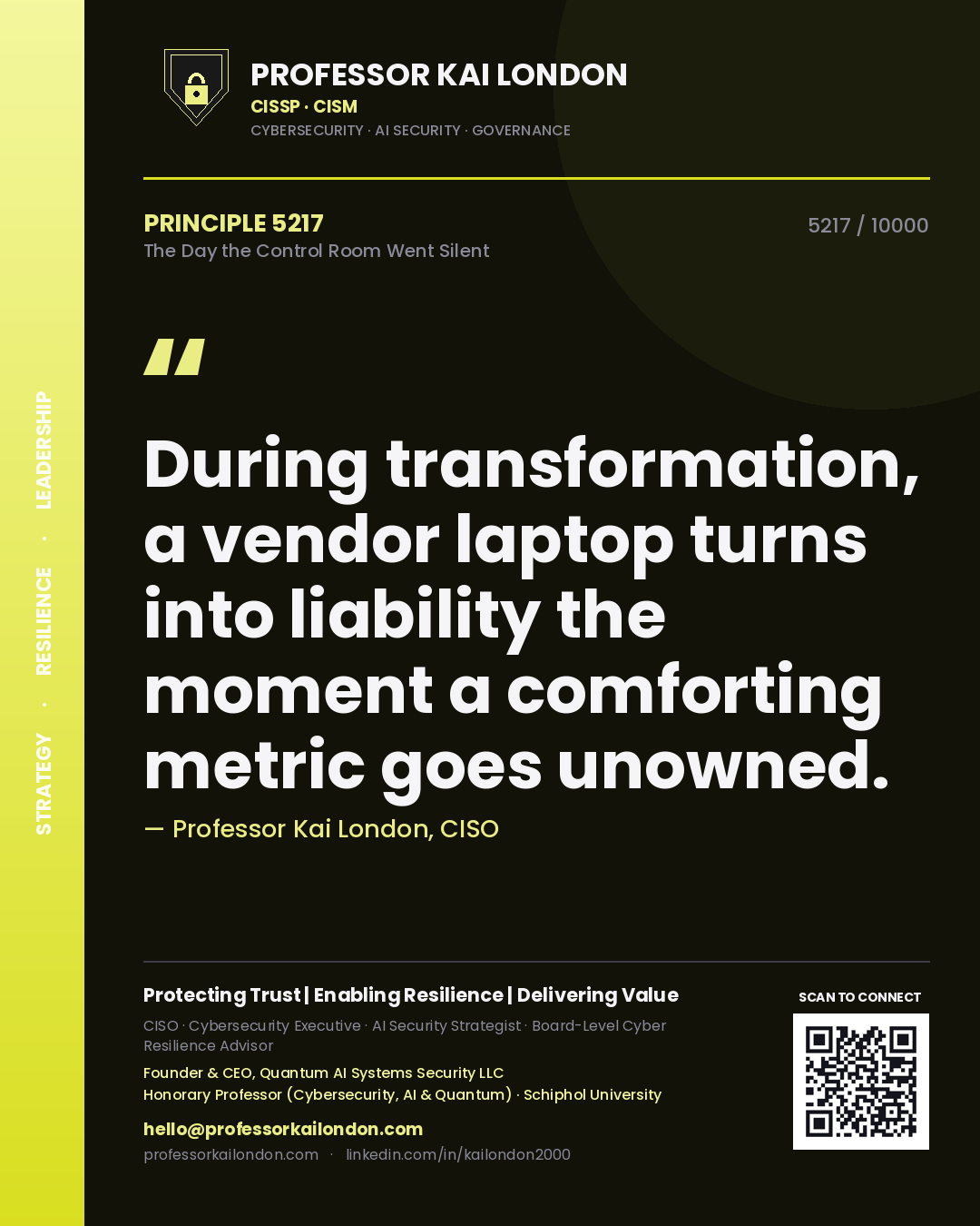 Professor Kai London principle 5217: During transformation, a vendor laptop turns into liability the moment a comforting metric goes unowned.