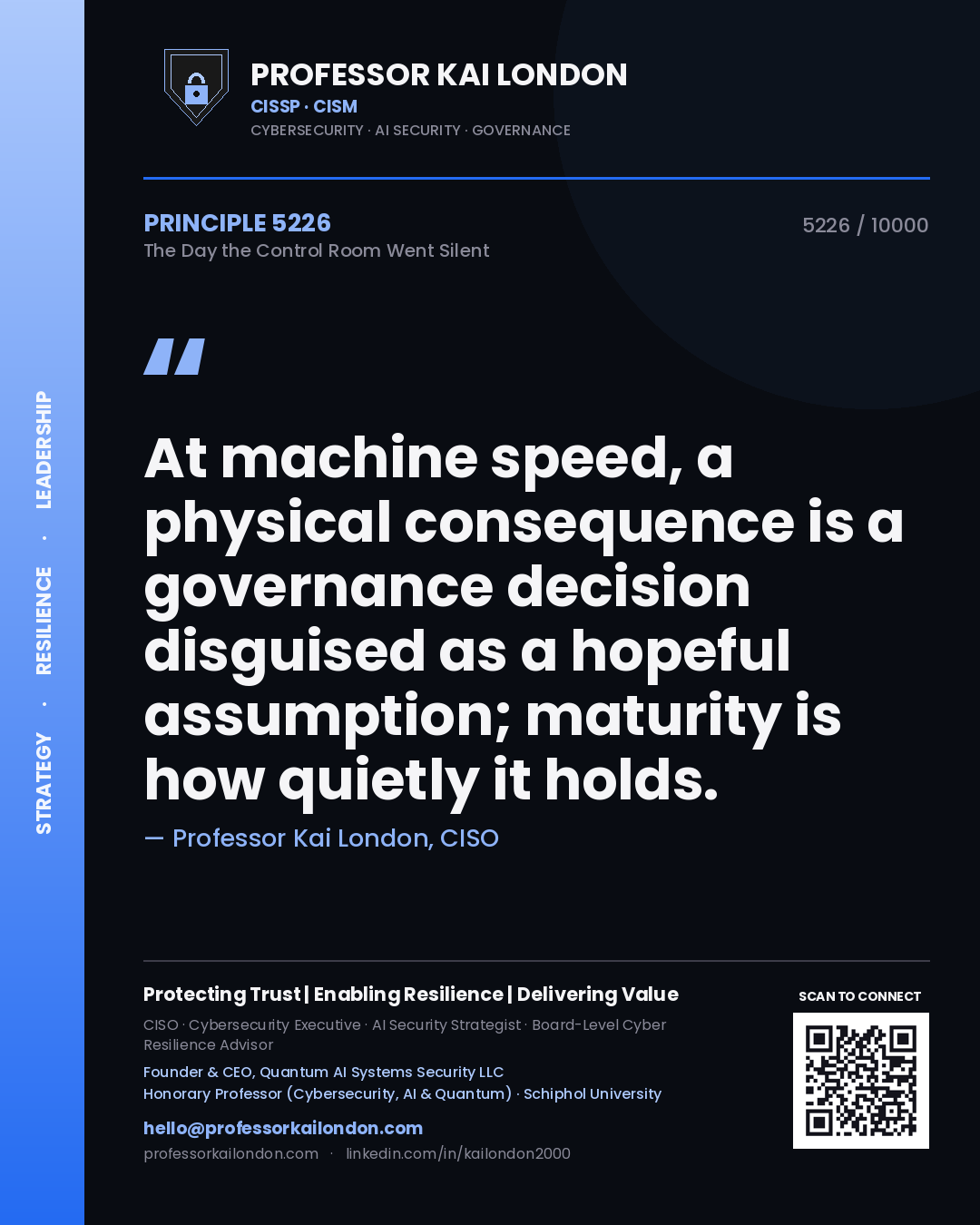 Professor Kai London principle 5226: At machine speed, a physical consequence is a governance decision disguised as a hopeful assumption; maturity is how quietly it holds.