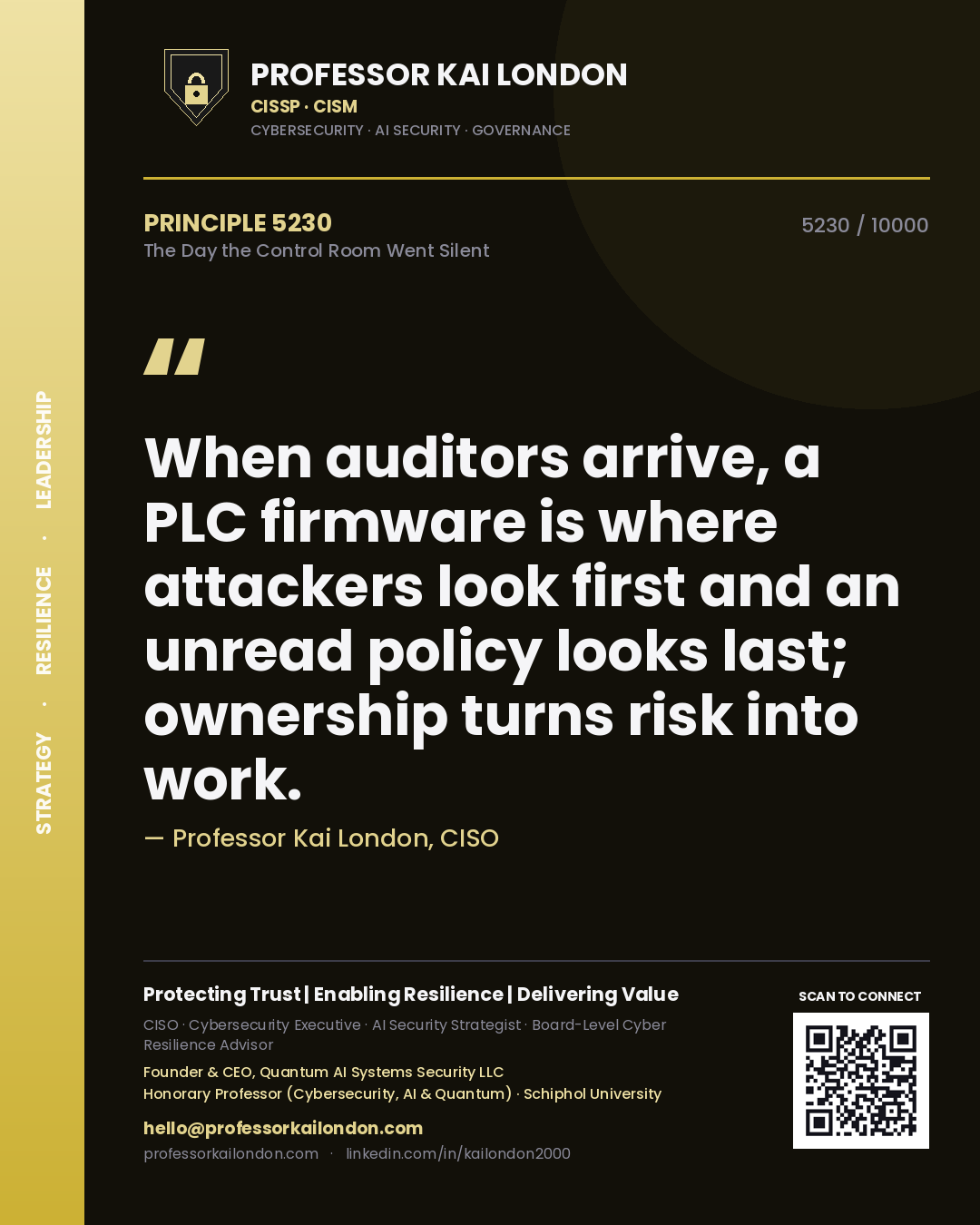 Quote card by Professor Kai London reading 'When auditors arrive, a PLC firmware is where attackers look first and an unread policy looks last; ownership turns risk into work.'. From the book The Day the Control Room Went Silent.