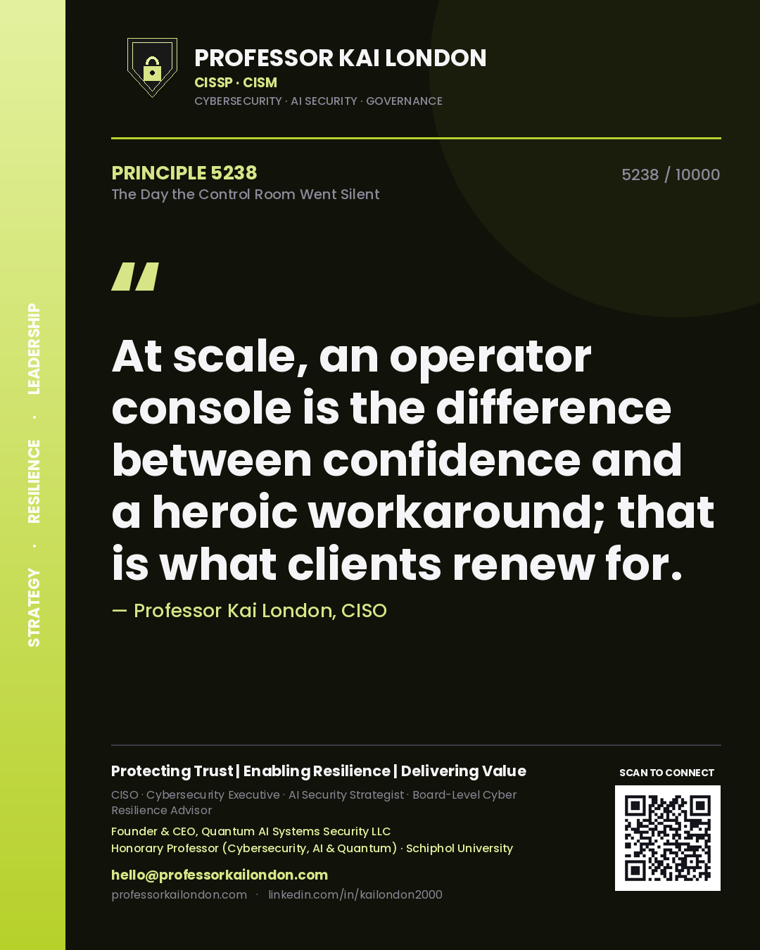 Professor Kai London principle 5238: At scale, an operator console is the difference between confidence and a heroic workaround; that is what clients renew for.