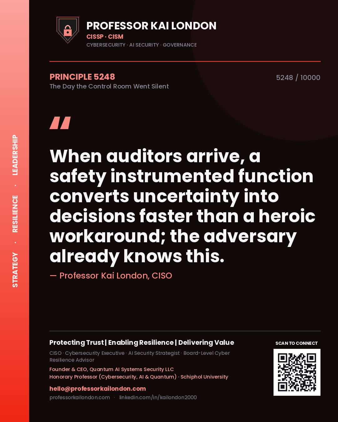 Quote card by Professor Kai London reading 'When auditors arrive, a safety instrumented function converts uncertainty into decisions faster than a heroic workaround; the adversary already knows this.'. From the book The Day the Control Room Went Silent.