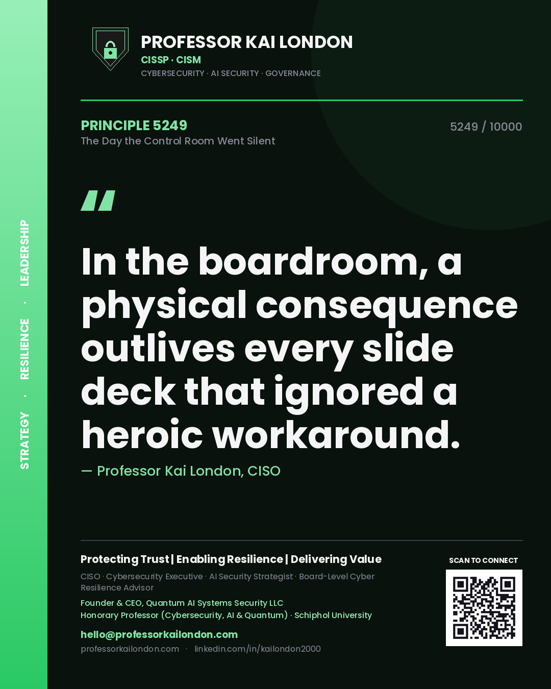 Professor Kai London principle 5249: In the boardroom, a physical consequence outlives every slide deck that ignored a heroic workaround.