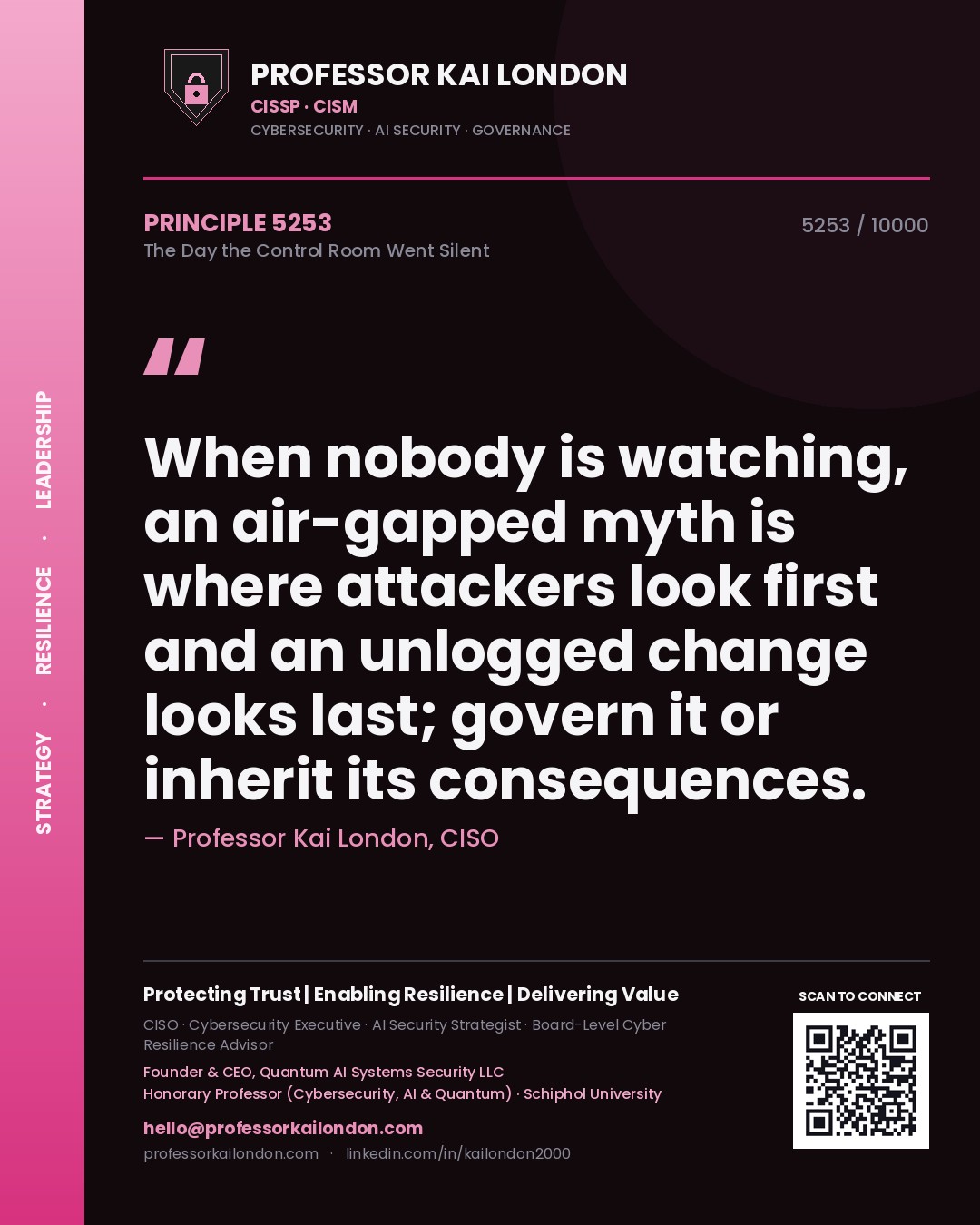 Professor Kai London principle 5253: When nobody is watching, an air-gapped myth is where attackers look first and an unlogged change looks last; govern it or inherit its consequences.