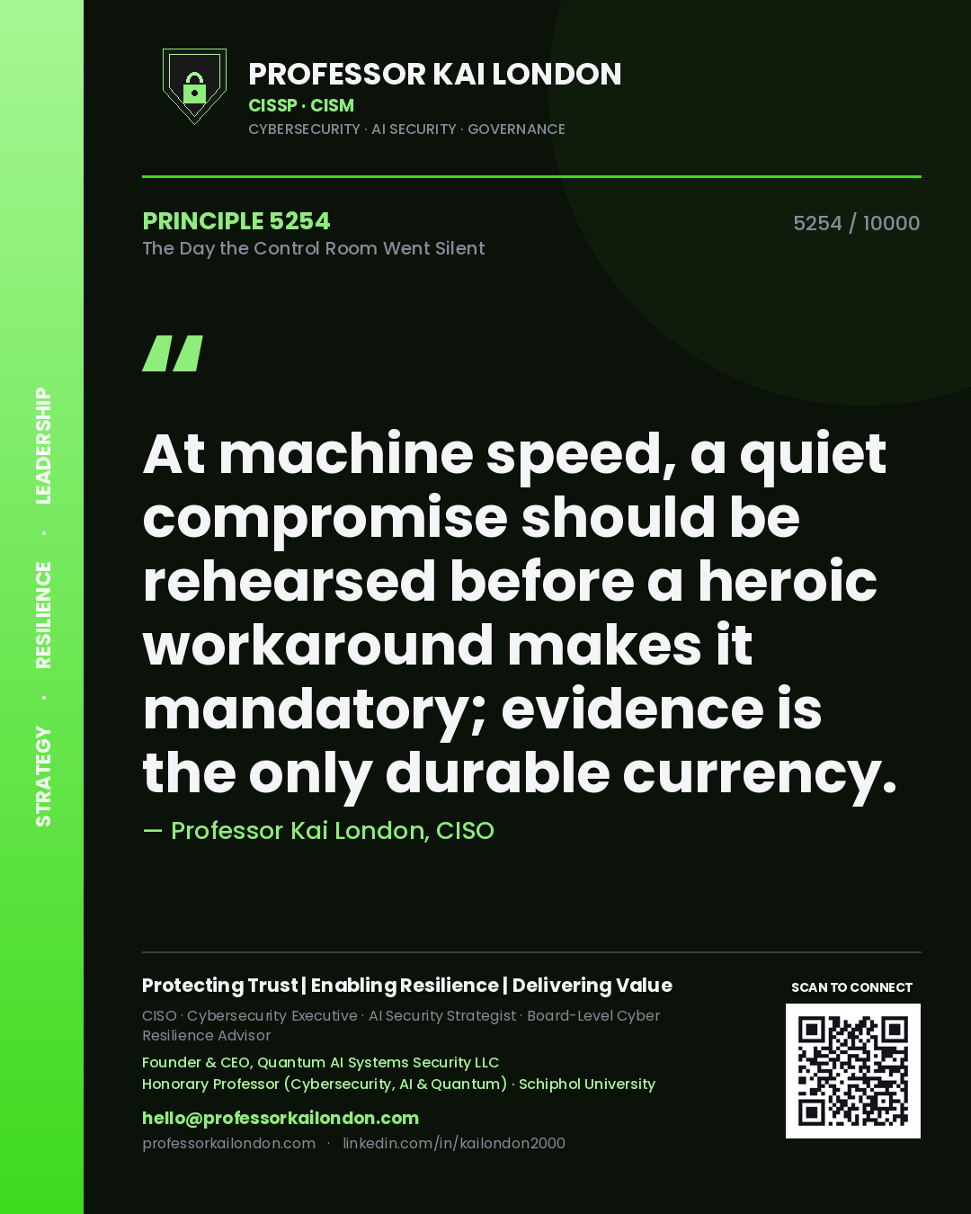 Professor Kai London principle 5254: At machine speed, a quiet compromise should be rehearsed before a heroic workaround makes it mandatory; evidence is the only durable currency.