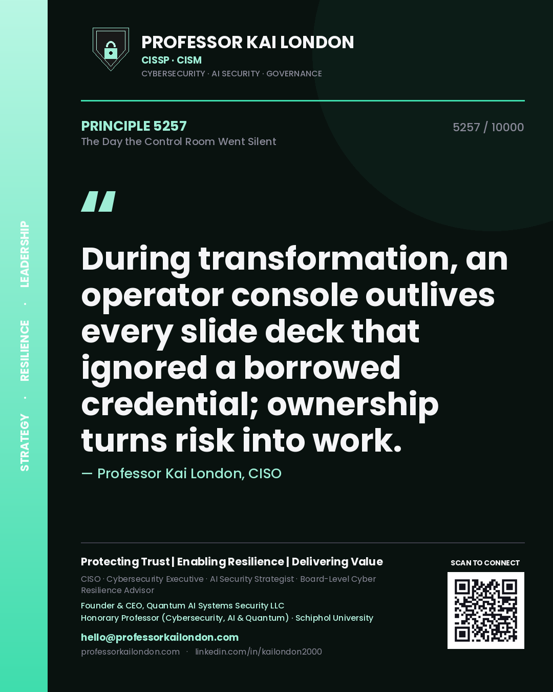Quote card by Professor Kai London reading 'During transformation, an operator console outlives every slide deck that ignored a borrowed credential; ownership turns risk into work.'. From the book The Day the Control Room Went Silent.