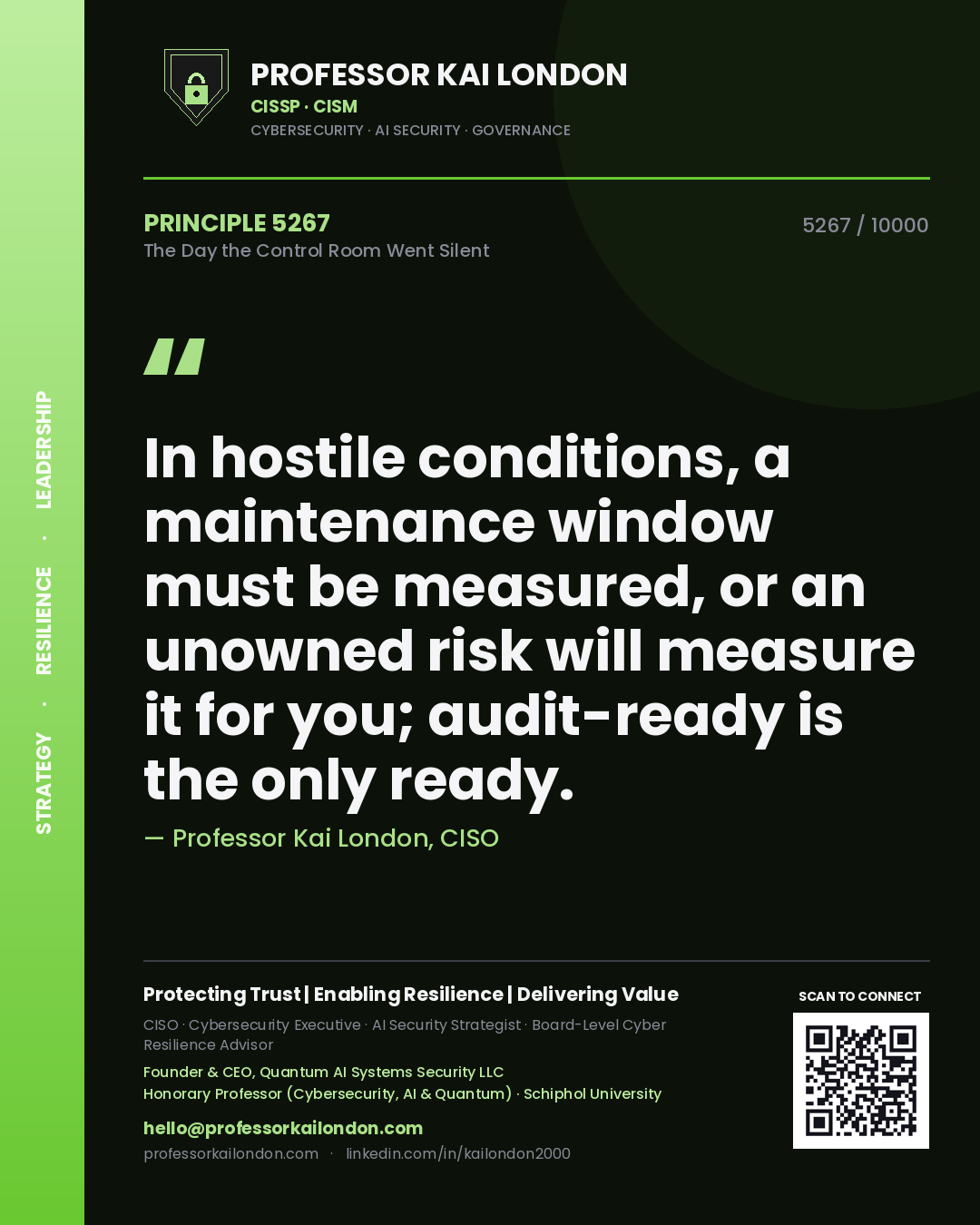 Quote card by Professor Kai London reading 'In hostile conditions, a maintenance window must be measured, or an unowned risk will measure it for you; audit-ready is the only ready.'. From the book The Day the Control Room Went Silent.