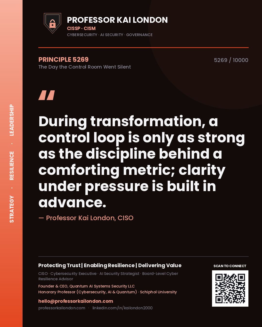 Quote card by Professor Kai London reading 'During transformation, a control loop is only as strong as the discipline behind a comforting metric; clarity under pressure is built in advance.'. From the book The Day the Control Room Went Silent.