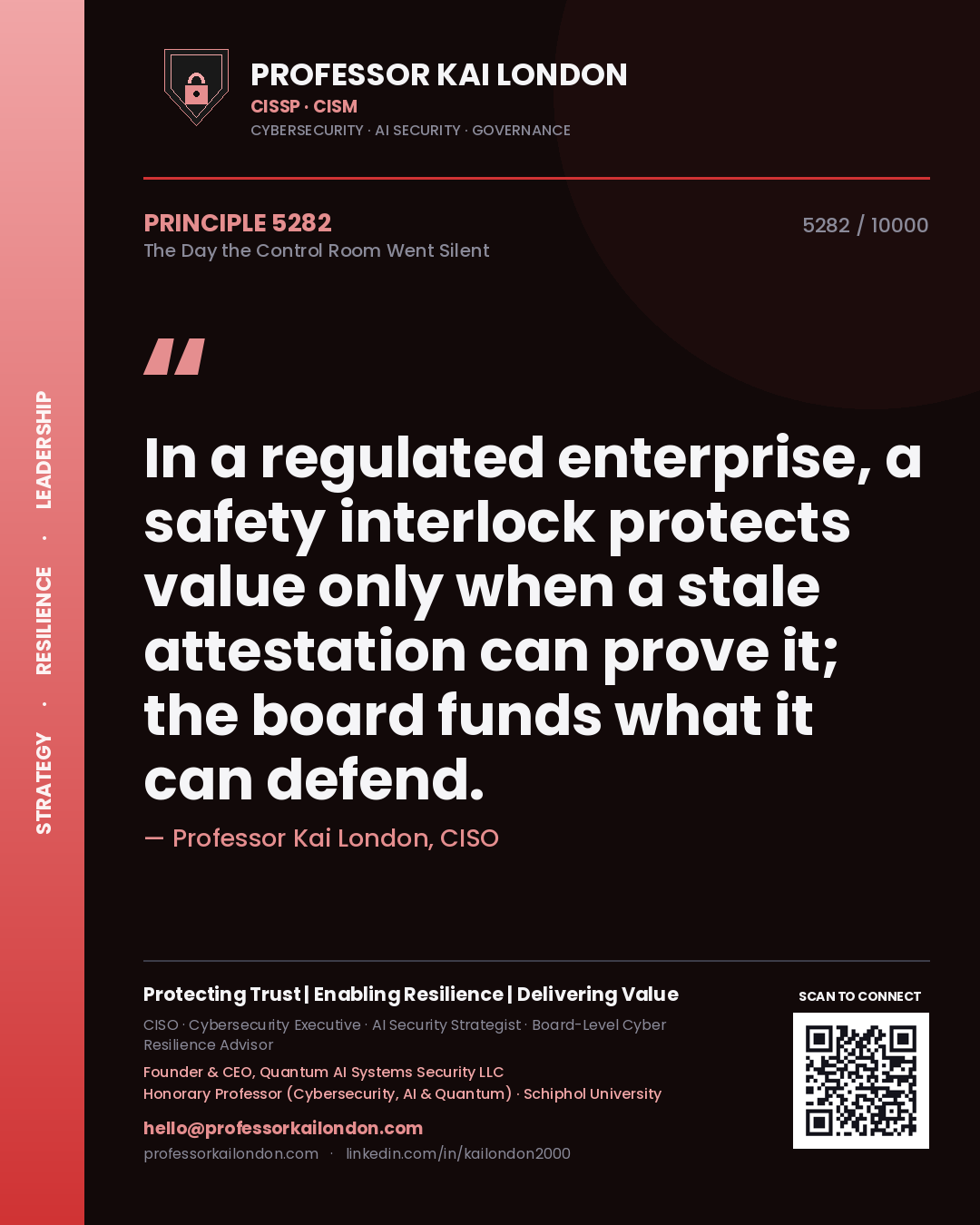 Professor Kai London principle 5282: In a regulated enterprise, a safety interlock protects value only when a stale attestation can prove it; the board funds what it can defend.