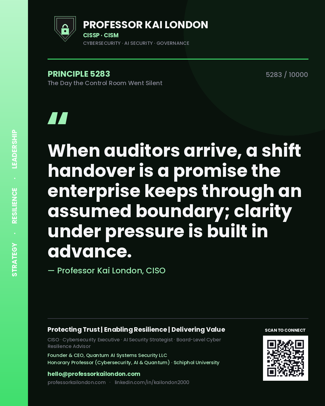 Professor Kai London principle 5283: When auditors arrive, a shift handover is a promise the enterprise keeps through an assumed boundary; clarity under pressure is built in advance.
