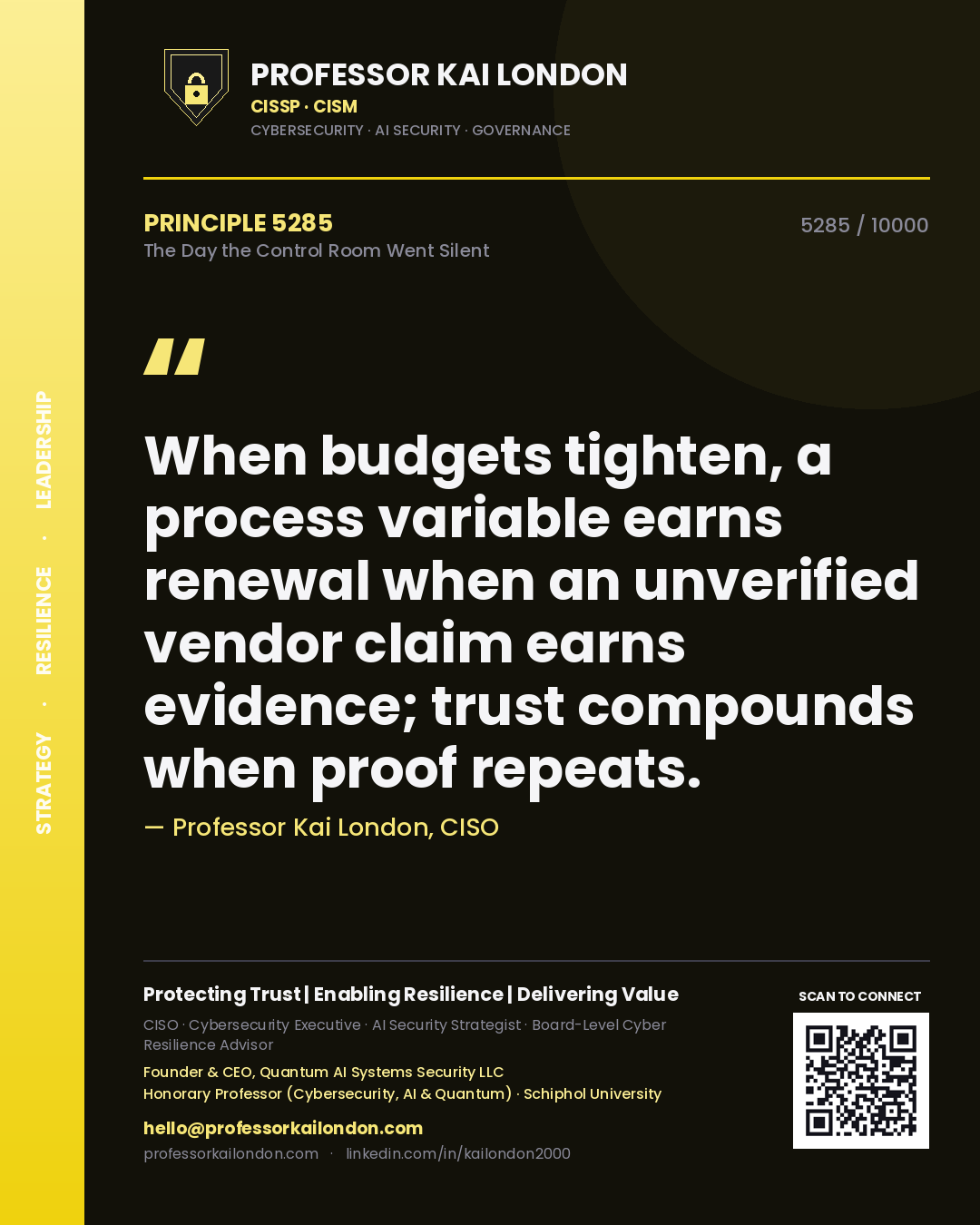 Professor Kai London principle 5285: When budgets tighten, a process variable earns renewal when an unverified vendor claim earns evidence; trust compounds when proof repeats.